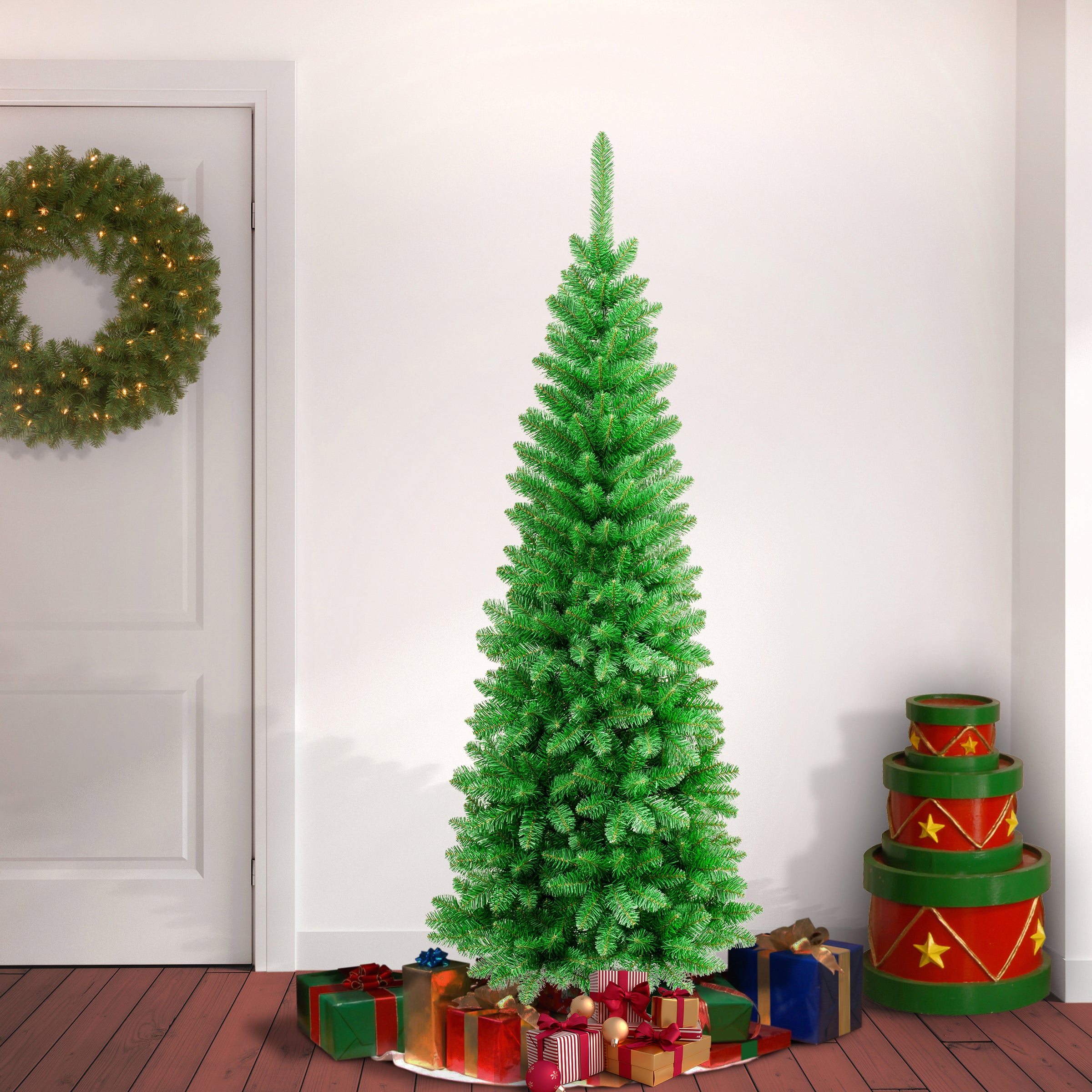 6 ft. Artificial Pencil Slim Christmas Tree - Realistic PVC Needles for Holiday Decor, Home, Office, and Party Decoration