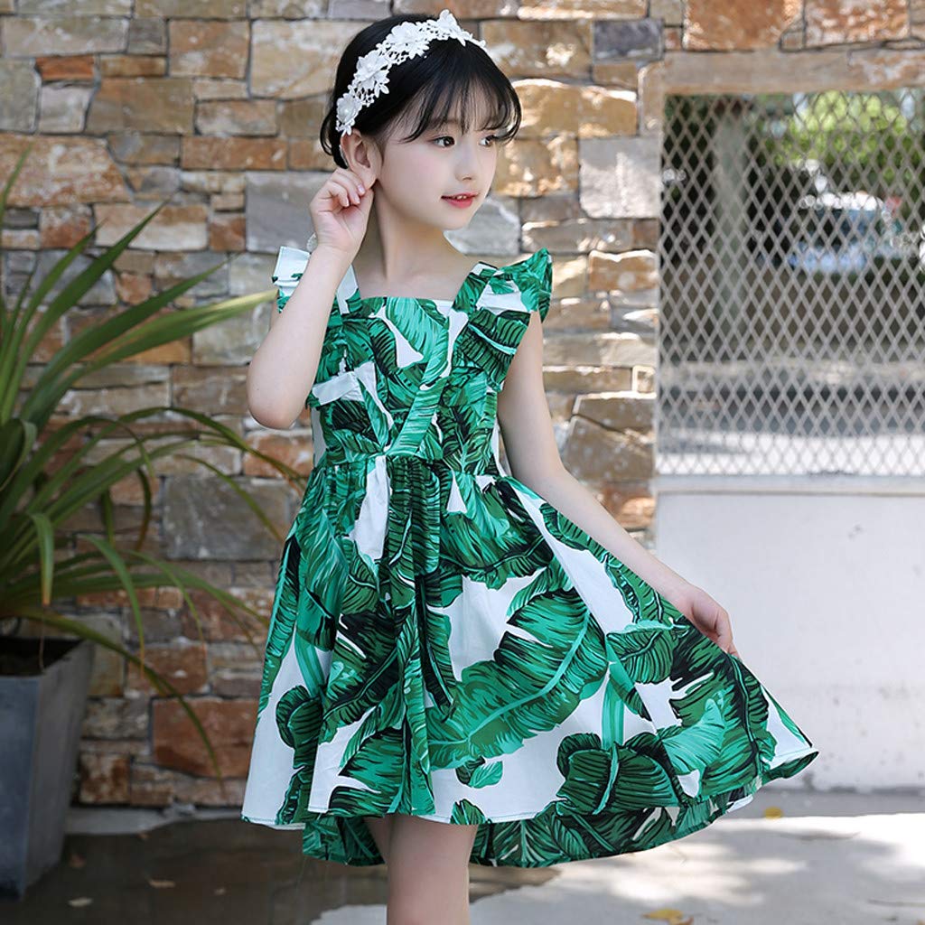Hawaiian Tropical Sundress for Girls 4-12 Years - Sleeveless Leaf Print Ruched Summer Dress - Casual Beachwear for Kids & Teens - Perfect for Vacations, Parties & Outdoor Adventures