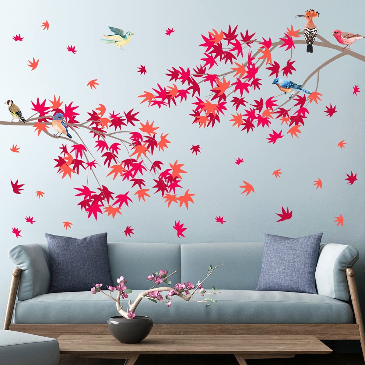 Thanksgiving Maple Leaf Wall Decals - Fall Red Leaves with Birds on Branches, Removable Peel & Stick Vinyl Wall Art for Autumn Home Decor | Perfect for Kids Bedroom, Nursery, and Seasonal Thanksgiving Party Decorations