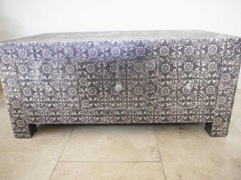 Handmade Blackened Silver Embossed Patterned Metal Coffee Table with 3 Drawers - Modern Living Room Furniture for Home Decor & Small Space