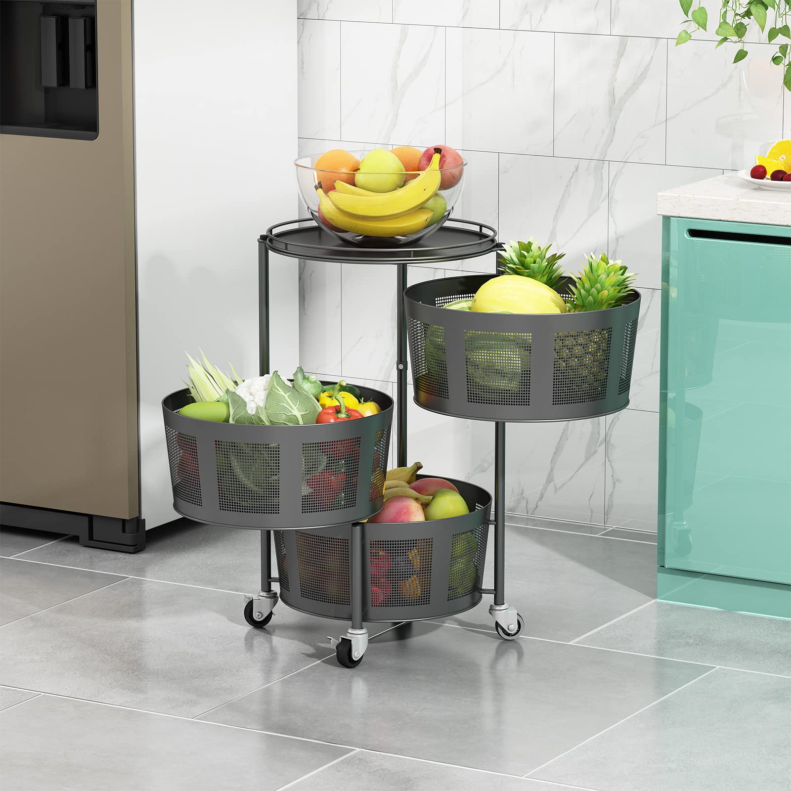 3-Tier Rotating Kitchen Storage Rack with Wheels - Round Spinning Organizer Shelf for Vegetables, Fruits & Pantry Items - Space-Saving Floor Standing Storage Basket for Kitchen, Living Room & Bathroom - Black (Perfect for Small Spaces & Clutter-Free Organization)