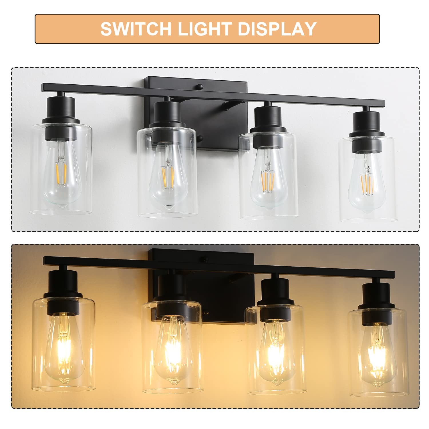 EMONG 4-Light Matte Black Bathroom Vanity Light with Glass Shade - Modern Wall Sconce Lighting Fixture for Bathroom, Mirror, Hallway & Farmhouse Decor - Perfect for Vanity Makeup, Shaving & Ambient Lighting