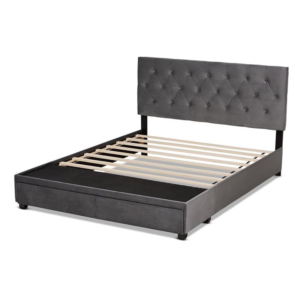 Baxton Studio Caronia Modern Grey Velvet Upholstered Queen Platform Storage Bed with 2 Drawers - Perfect for Small Bedrooms & Guest Rooms