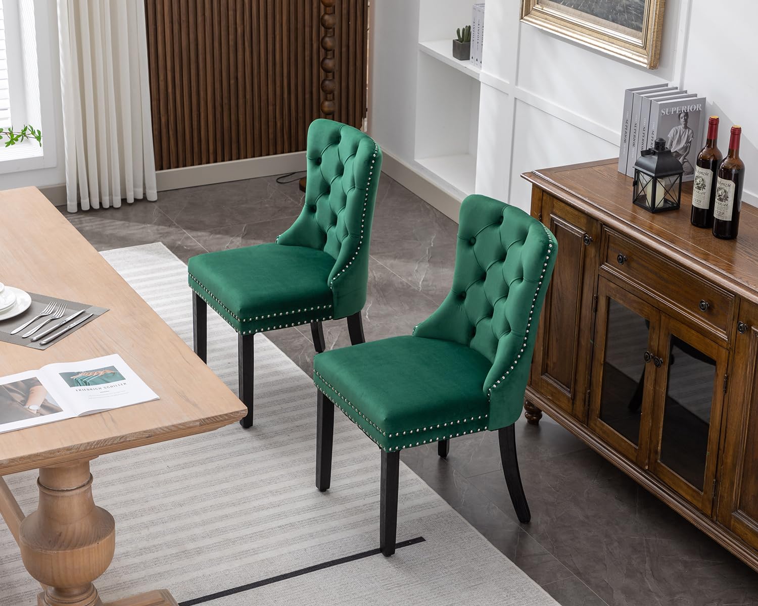 KCC Velvet Dining Chairs Set of 2 - Upholstered Tufted Modern Dining Room Chairs with Nailhead Trim & Solid Wood Legs, Nikki Collection Green Velvet Kitchen Chairs for Dining Room, Restaurant & Home Decor
