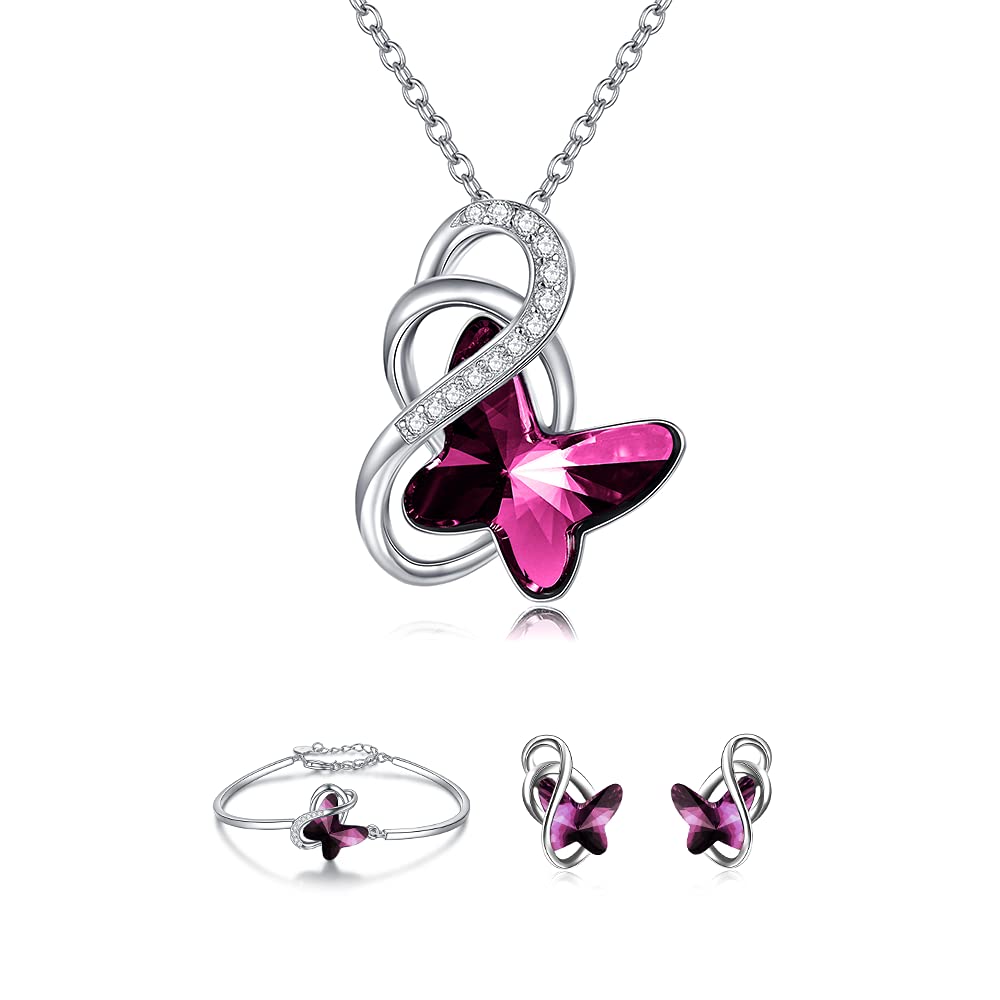 AOBOCO Sterling Silver Infinity Butterfly Necklace, Earrings & Bracelet Set with Austrian Crystals - Elegant Jewelry Gift for Women, Butterfly Lovers - Perfect for Anniversary, Birthday & Special Occasions