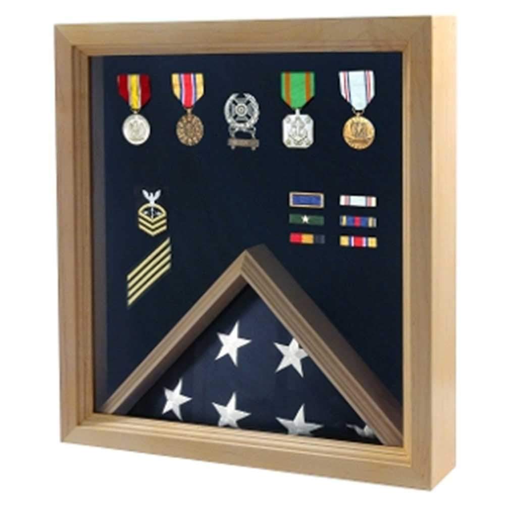 Military Shadow Box Display Case - Oak Wood Flag & Medal Showcase for Awards, Decor, and Memorabilia - Perfect for Home, Office, or Gift Presentation
