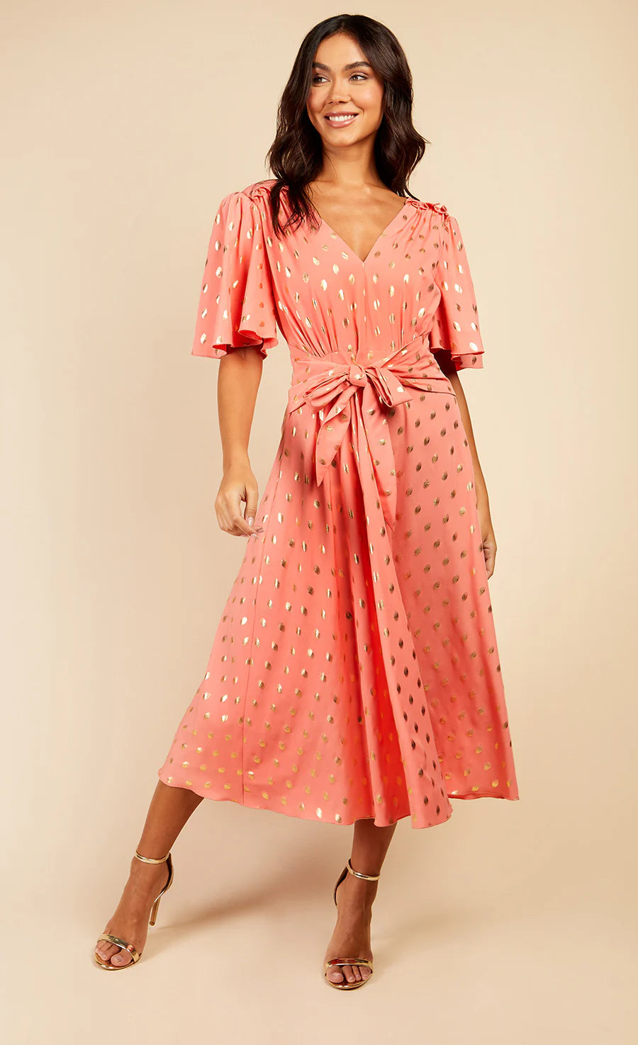 Corina Foil Midaxi Dress - Coral & Gold Sequin Party Gown for Women, Elegant Evening Dress for Prom, Cocktail, Wedding Guest & Special Occasions