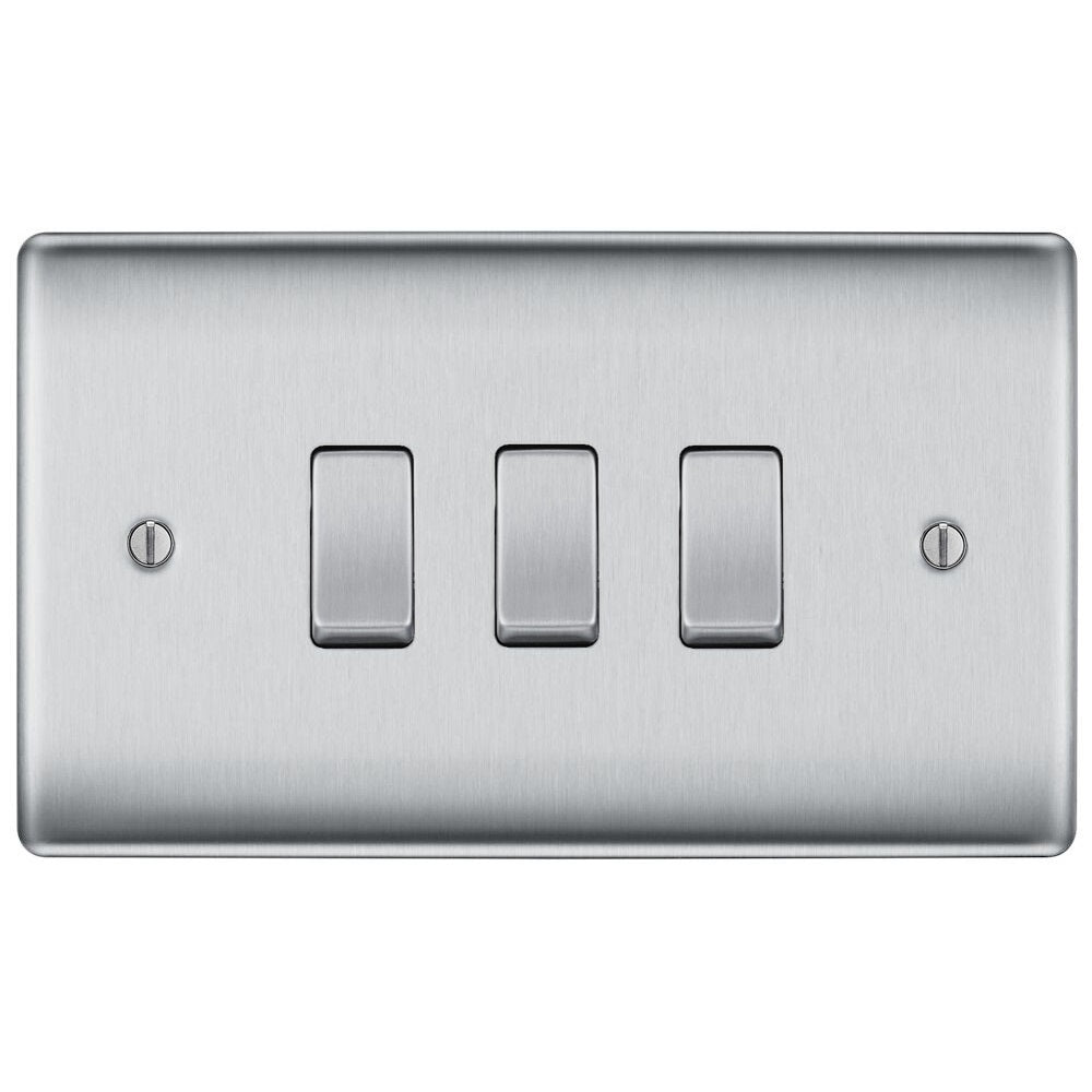 BG Nexus Metal Brushed Steel 3G 2W Light Switch NBS432 - Modern Electrical Switch for Home, Office & Commercial Use