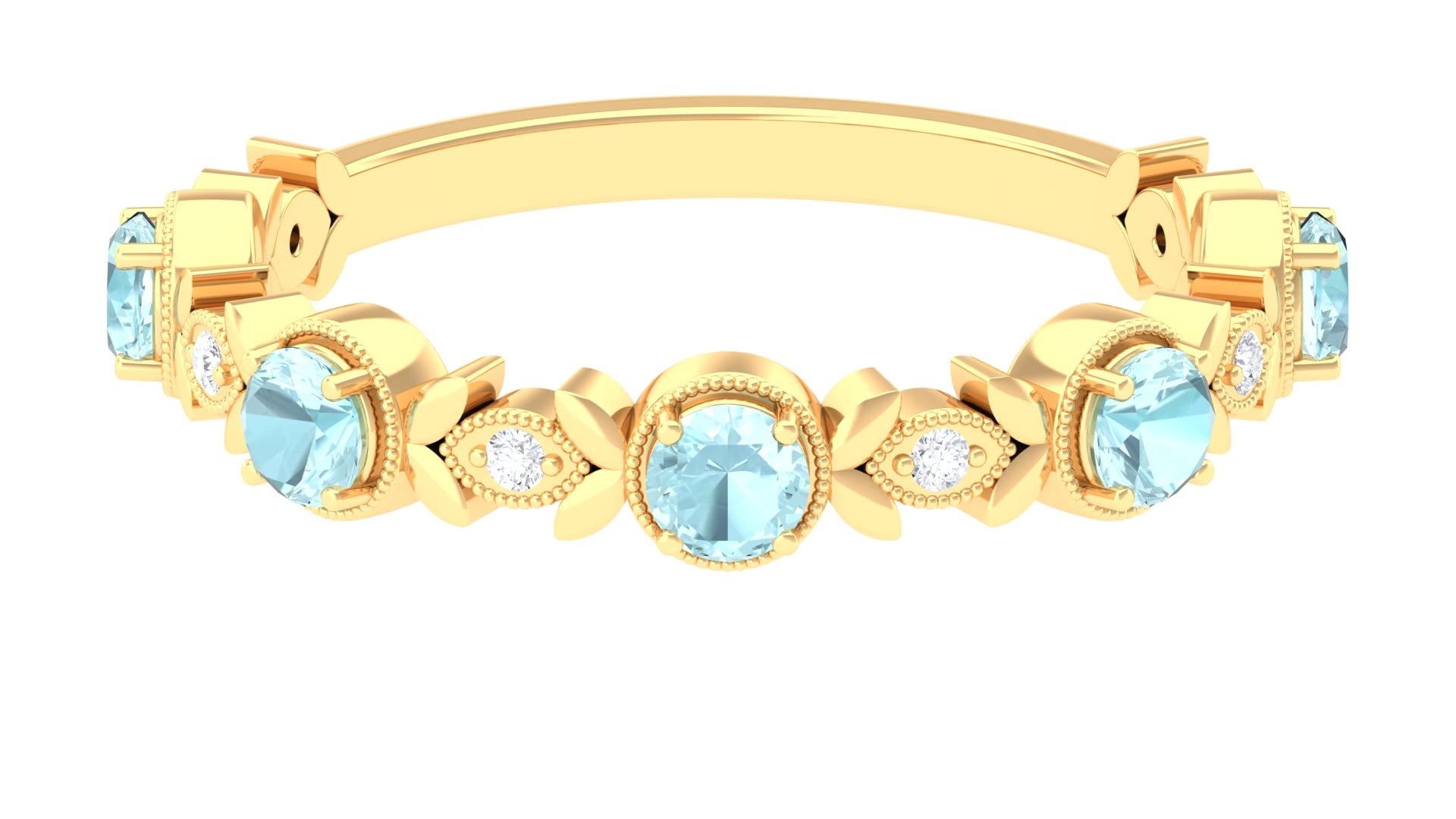 1/2 CT Sky Blue Topaz & Diamond 14K Solid Gold Eternity Ring for Women - Elegant Beaded & Leaf Design for Engagement, Wedding, Anniversary & Special Occasions