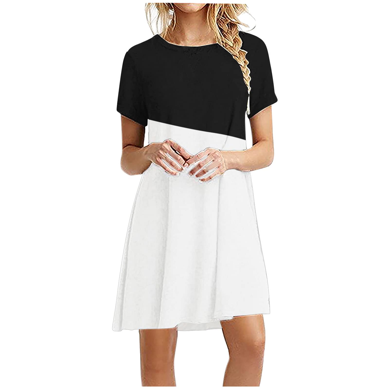 Eduavar Women's Summer Dresses - Color Block Printed Short Sleeve A-Line Casual Mini Dress | Loose Beach Dress for Vacation, Party & Outdoor Activities