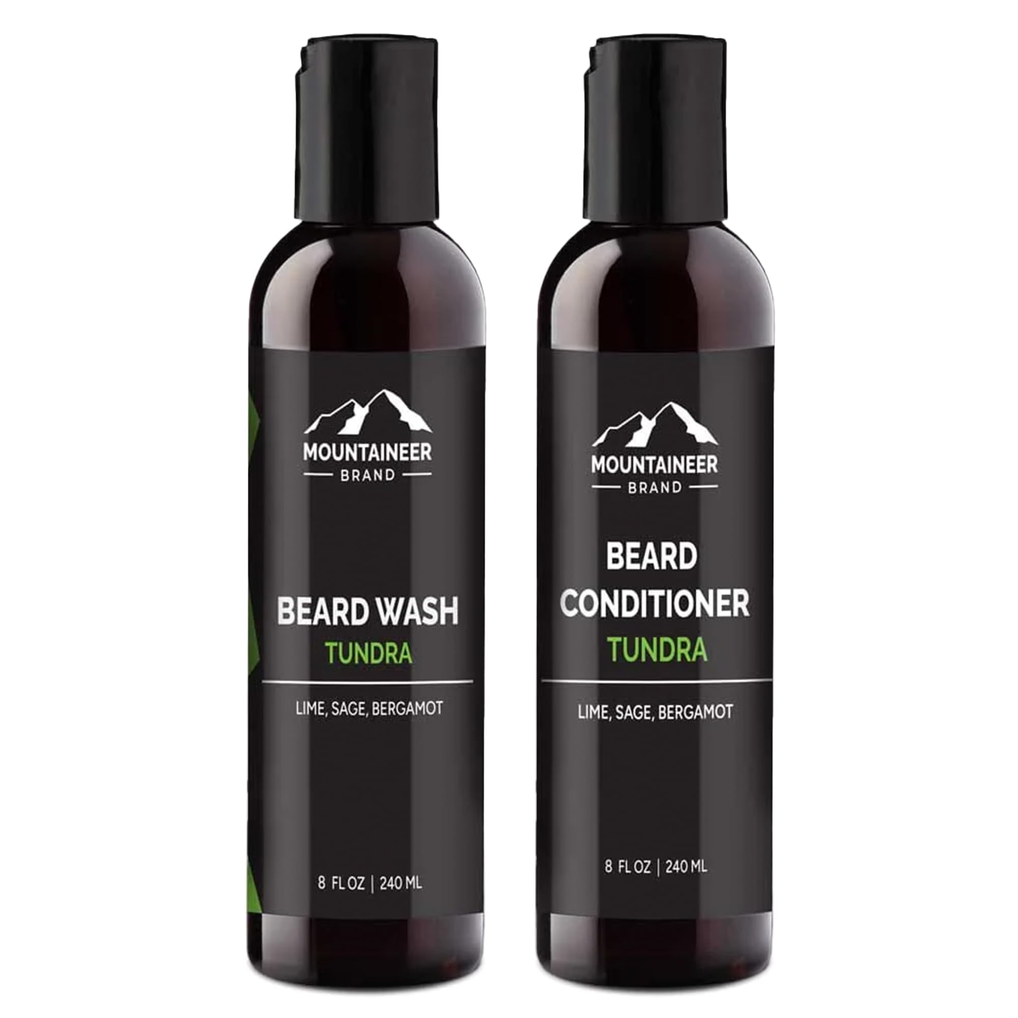 Mountaineer Brand Basic Beard Bundle - Beard Wash & Conditioner Set for Men | Deep Cleansing Beard Shampoo & Hydrating Conditioner | Softens & Nourishes Facial Hair | Lime & Sage Scented (2 x 8oz) | Perfect for Daily Grooming & Beard Care Routine
