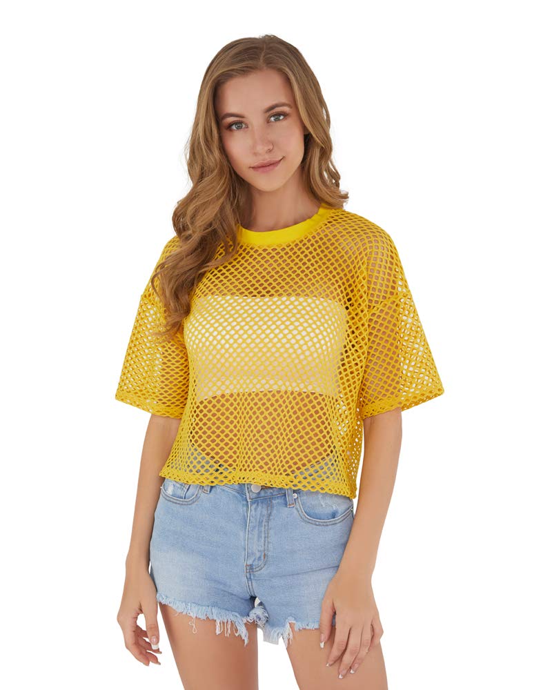 CLOZOZ Women's Mesh Cover Up See Through Fishnet T-Shirt Crop Top - Sexy Summer Beachwear for Pool Party & Festival Outfits