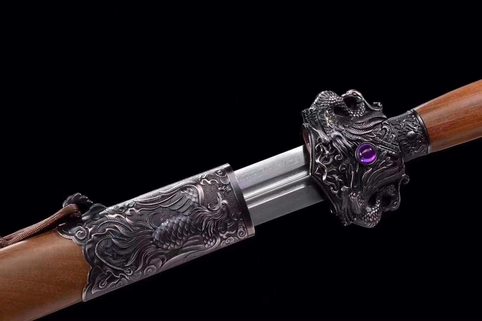 Hand Forged Damascus Steel Phoenix Sword - Real Battle Ready Blade with Wooden Scabbard - Perfect for Medieval Reenactment, Cosplay, and Sword Collectors