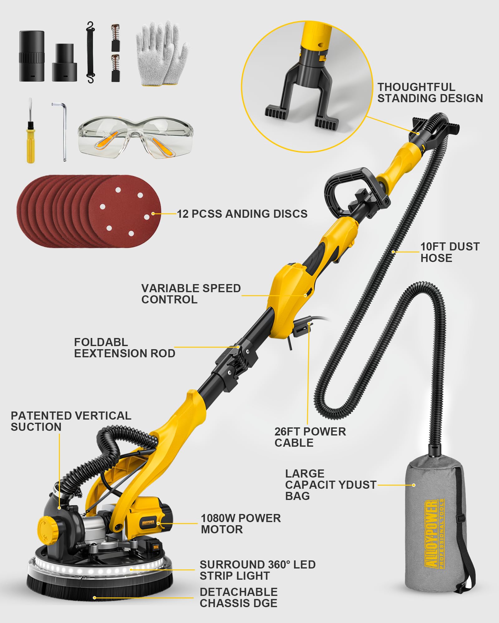 1050W Electric Drywall Sander with Vacuum Dust Collection - 7 Speed Adjustable (2100 RPM) | Double-Deck LED Light, Foldable Handle & Dust Bag | Perfect for Home Renovation & Professional Drywall Sanding