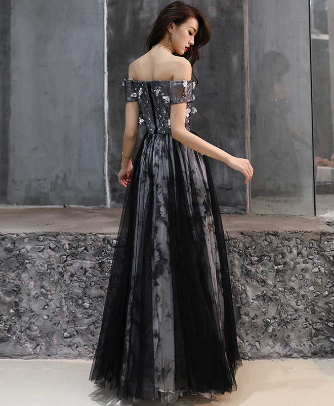 Elegant Black Tulle Lace Long Prom Dress with Floral Appliques - Formal Evening Gown for Homecoming, Wedding, Ballroom Dance & Special Occasions
