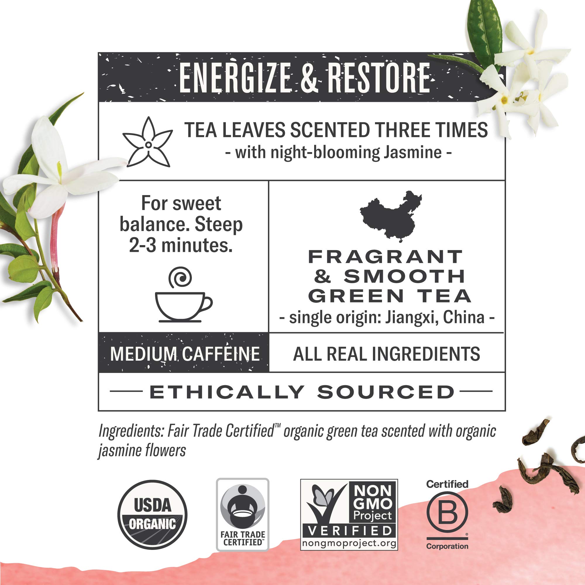 Numi Organic Jasmine Green Tea Bags - Medium Caffeine - 18 Count - Floral Aromatic Tea for Relaxation & Afternoon Tea Time