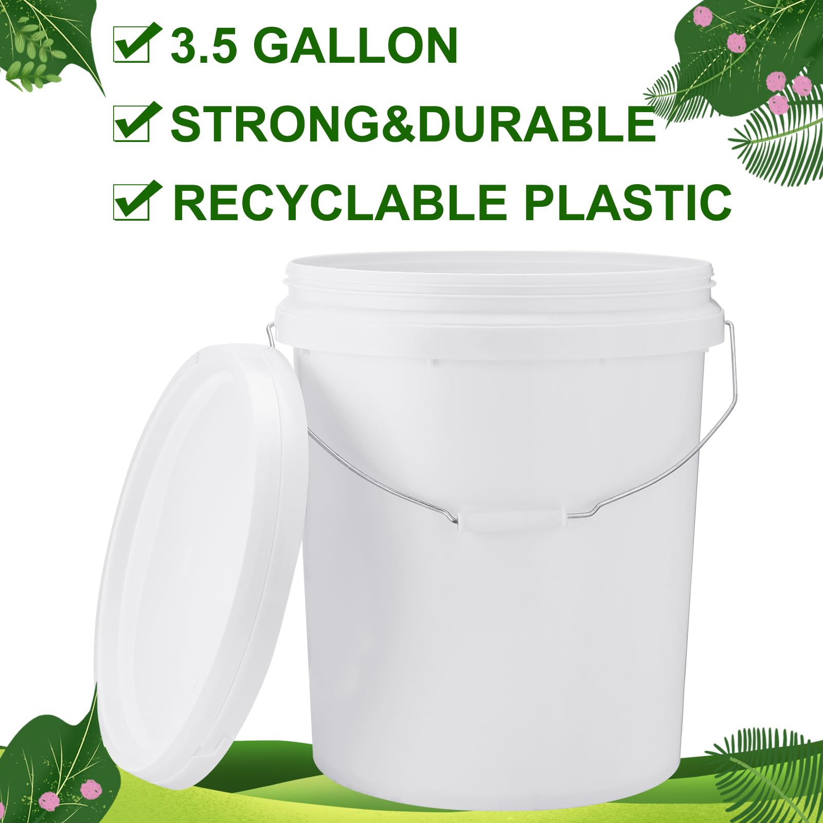 Gerrii 10-Pack 3.5 Gallon White Plastic Buckets with Handle & Lid - Food Storage Containers, Multipurpose Pails for Paint, Water, Art Crafts, Garage Organization - Ideal for Home, Kitchen, DIY Projects & Bulk Storage (White)