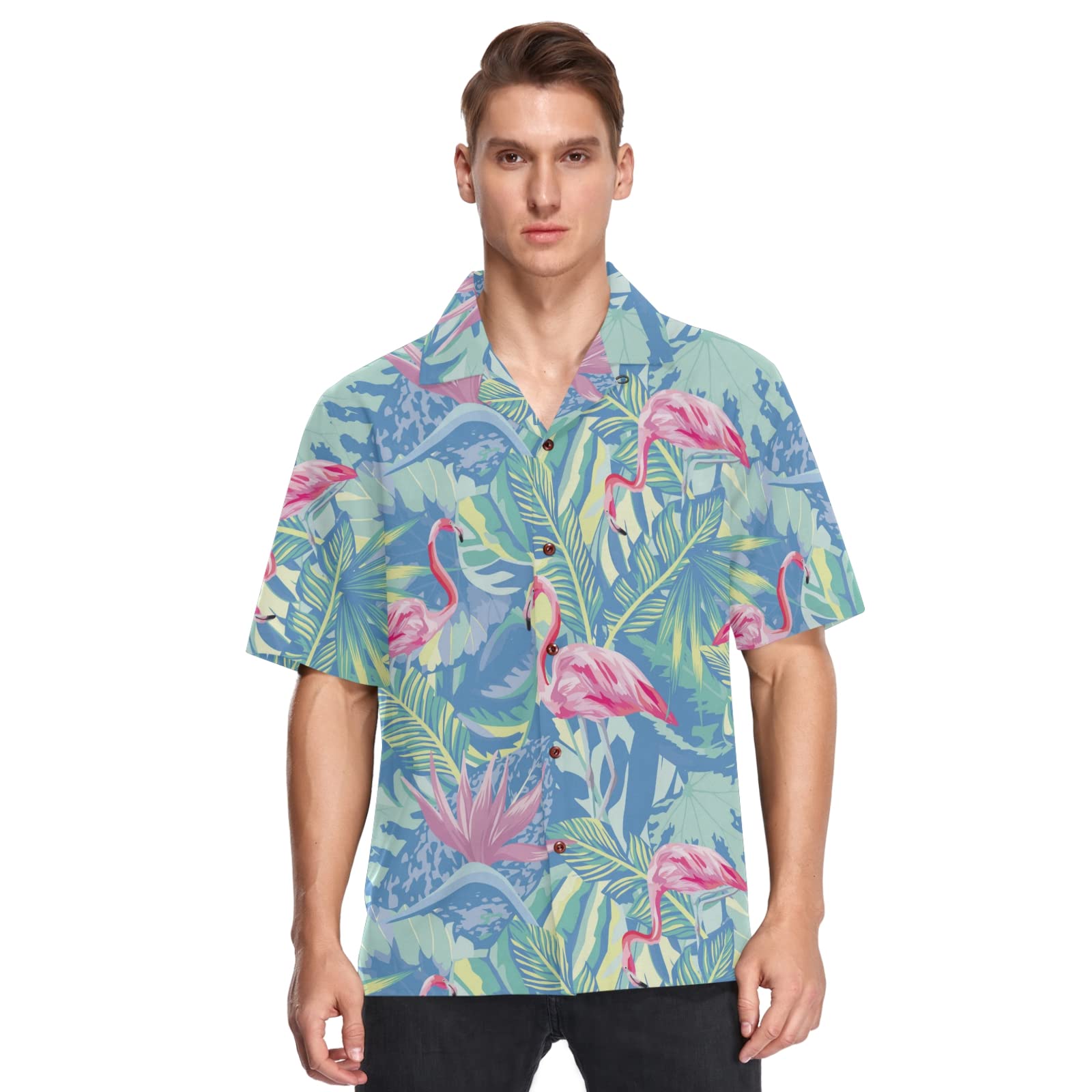 Men's Tropical Palm Leaf Flamingo Hawaiian Shirt | Casual Button Down Shirt for Summer | Beach Vacation & Luau Party Wear