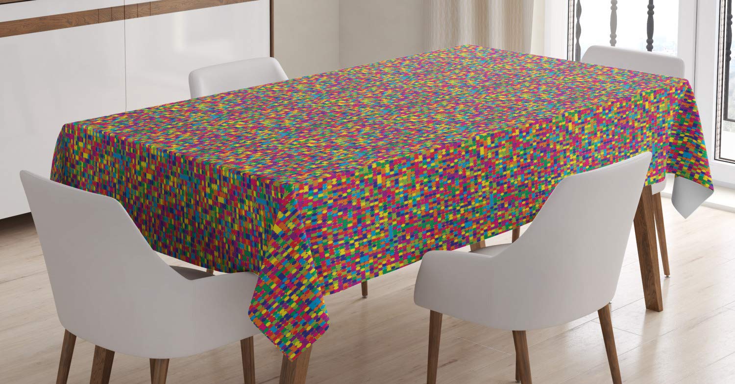 Lunarable Mosaic Tablecloth - Rainbow Checkered Polka Dot Pattern Rectangular Table Cover 52