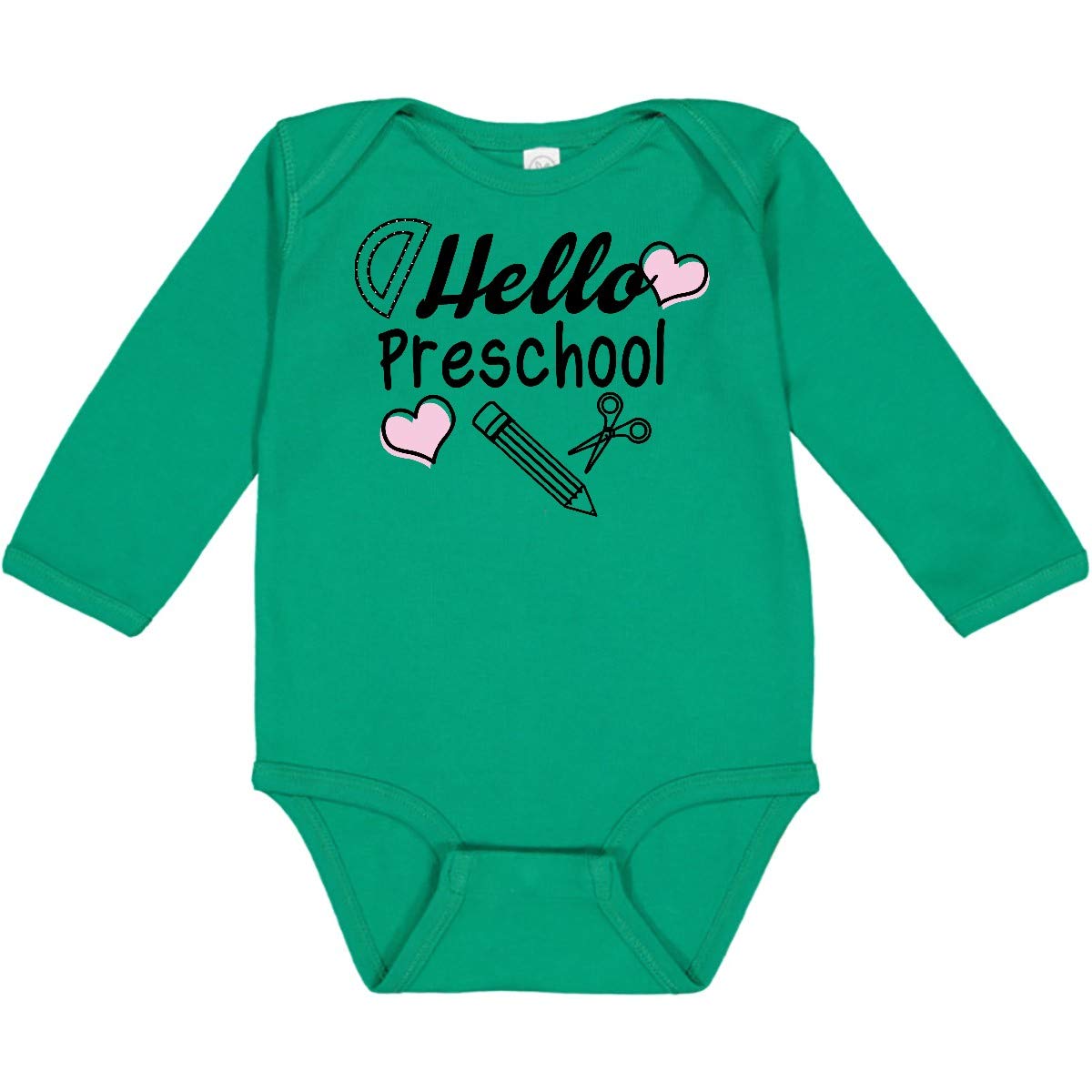 Inktastic Hello Preschool with Hearts and School Supplies Long Sleeve Baby Bodysuit - Perfect for Daycare, First Day of School & Photo Shoots