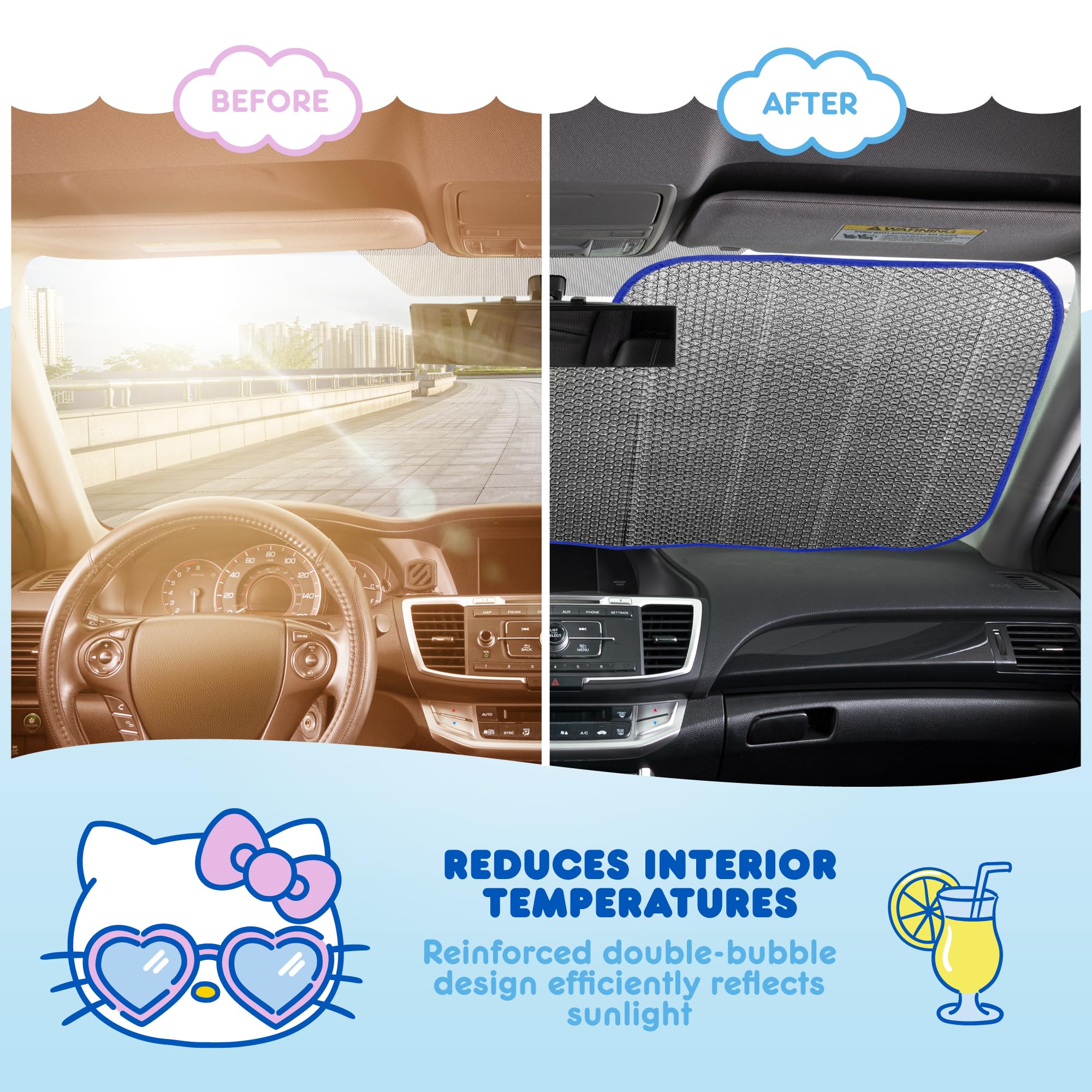 Hello Kitty Car Windshield Sun Shade - Officially Licensed Sanrio Cute Car Accessories for Women & Girls - Foldable UV Protection Sunshield for Summer - Perfect for Parking, Road Trips & Daily Commute