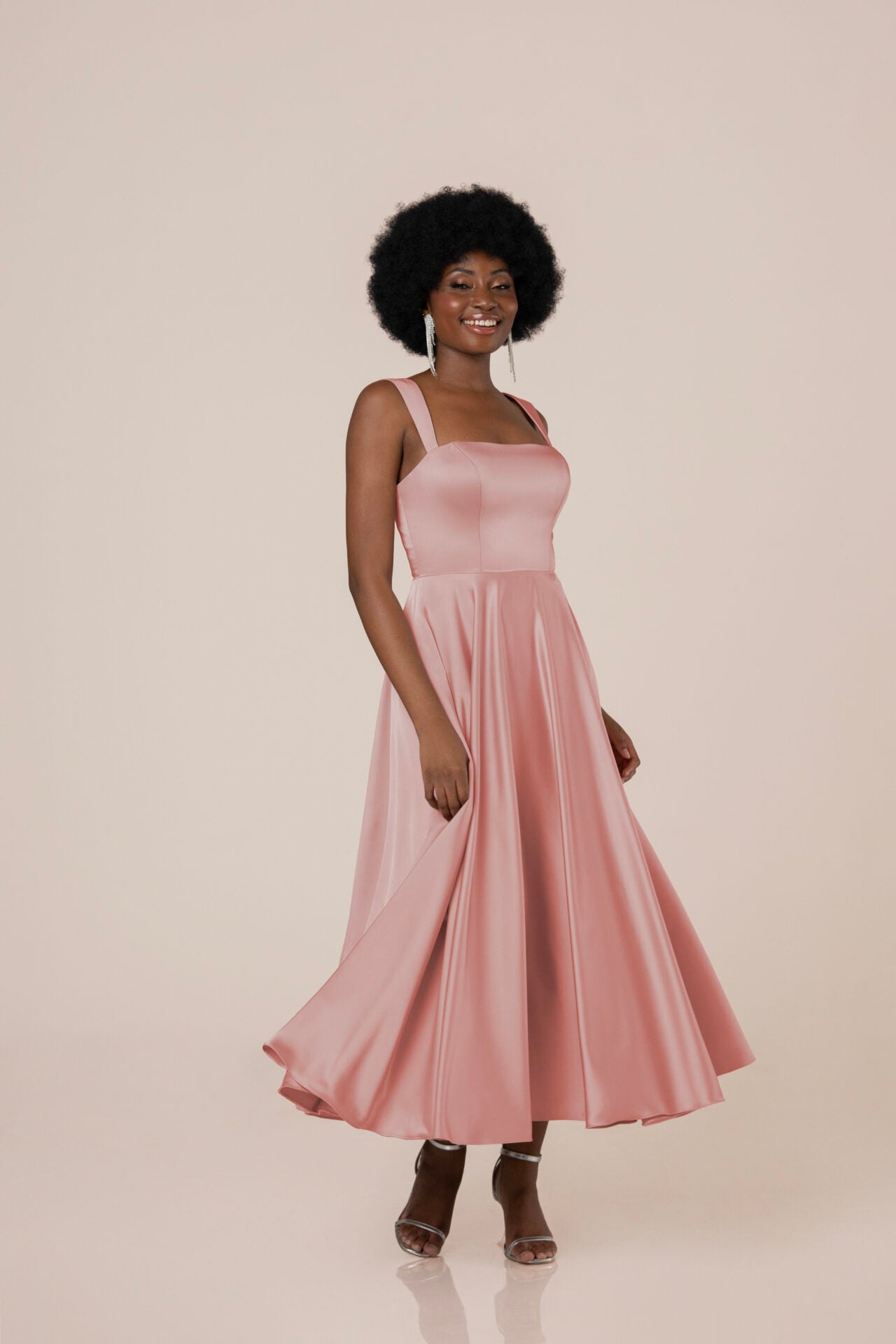 Giuliana Tea Length Charmeuse Dress - Elegant Formal & Wedding Guest Gown for Special Occasions