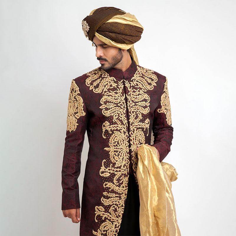 Deep Burgundy Pure Jamavar Silk Sherwani for Men | Luxury Indian Wedding Attire | Perfect for Grooms, Festivals & Special Occasions