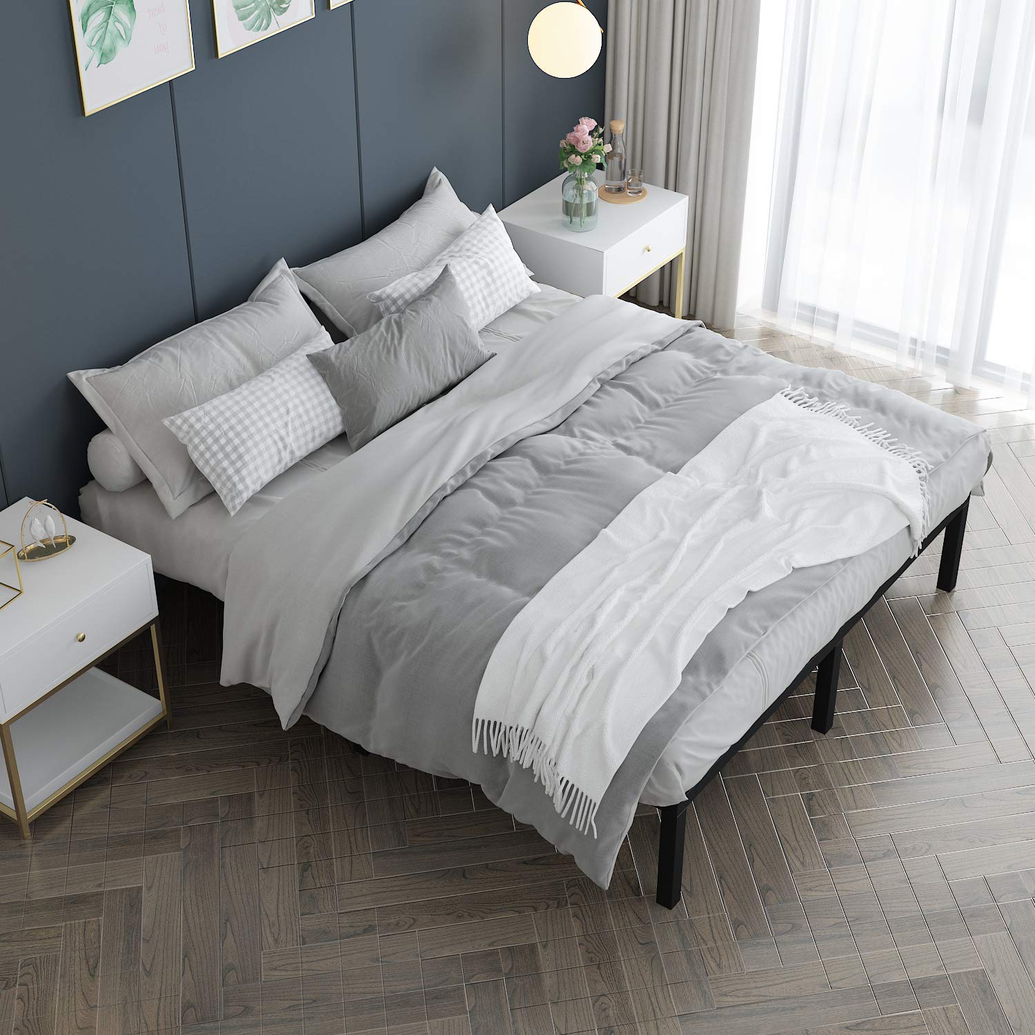 Heavy Duty King Platform Bed Frame with Slatted Base - 14 Inch Mattress Foundation, 12 Inch Under-Bed Storage Space, No Box Spring Required (Queen Size) - Perfect for Modern Bedrooms, Guest Rooms & Small Space Living