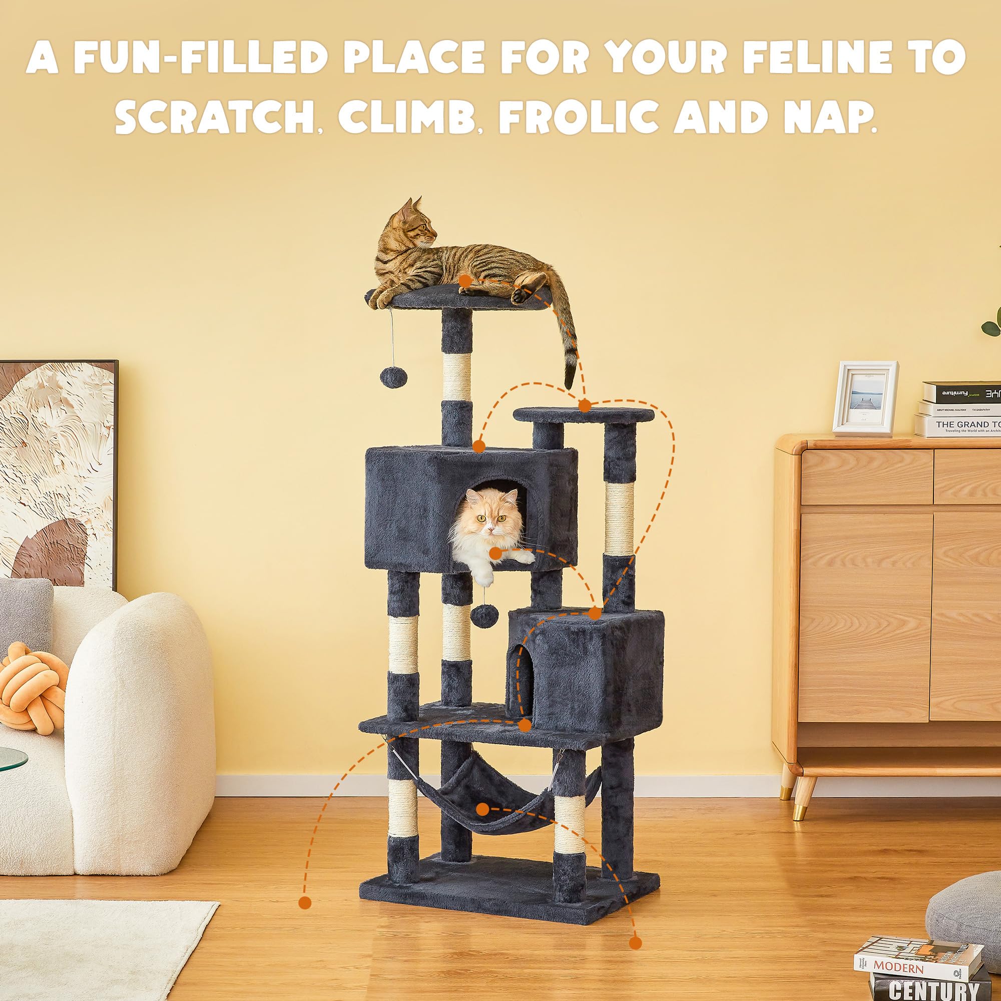 Premium Multi-Level Cat Tree for Indoor Cats - Tall Cat Tower with Condos, Sisal Scratching Posts & Hammock | Dangling Toys & Top Perch for Large Cats & Kittens | Smoky Grey | Perfect for Play, Rest & Climbing in Home or Apartment