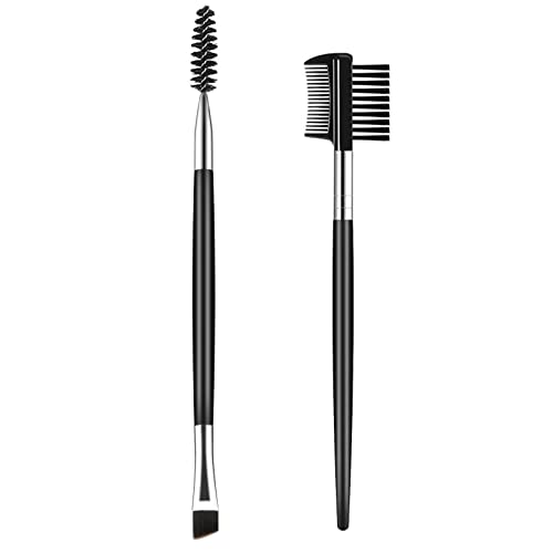 Professional Double-Ended Eyebrow Brush & Eyelash Comb Set - BETURY 2PCs Firm Thin Angled Eyeliner Brush with Spoolie - Perfect for Eyebrow Shaping & Eyelash Extension Makeup - Ideal for Daily Beauty Routine, Salon Use & Travel Makeup Kit (Black)