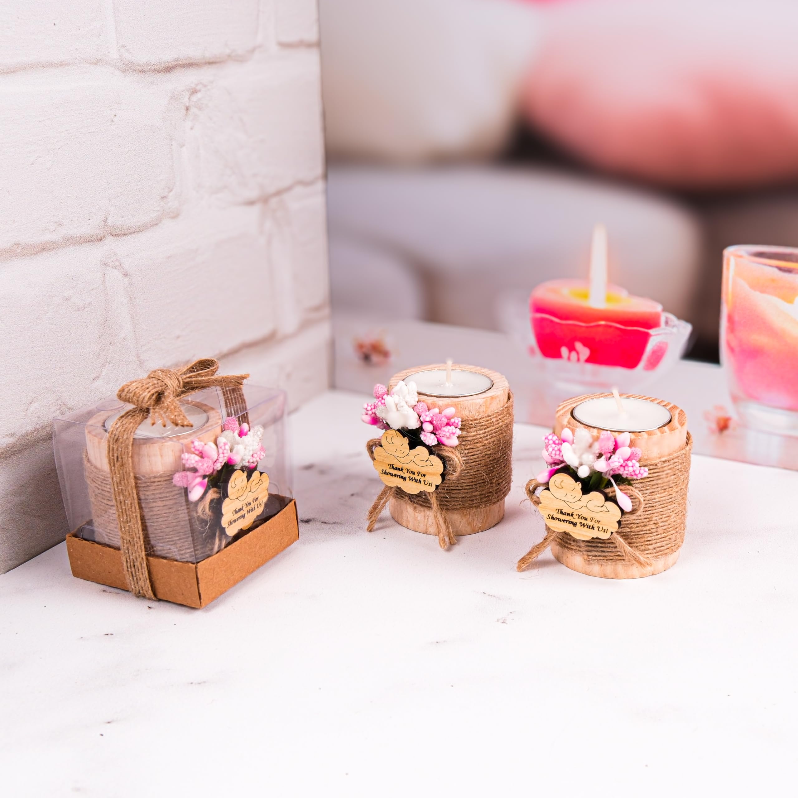 10 Pack Wooden Tealight Candle Holders for Baby Shower Decorations - Pink & Light Brown Baby Shower Gifts, Party Favors, Wedding Centerpieces, Romantic Home Decor