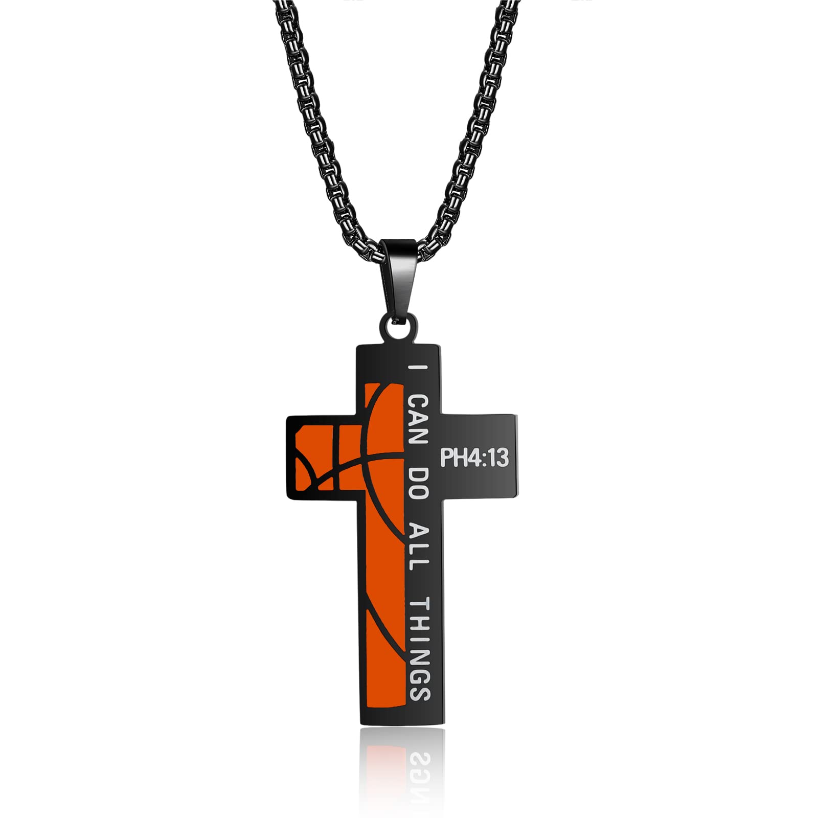 ZRAY Black Basketball Cross Necklace - Engraved 'I Can Do All Things' Philippians 4:13 Bible Verse Pendant - Stainless Steel Chain Sports Jewelry Gift for Men & Boys - Perfect for Basketball Players, Athletes & Christian Faith Inspiration