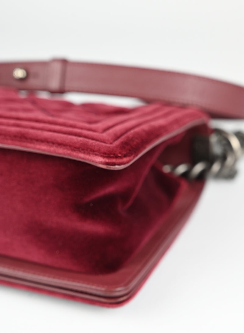 Chanel Burgundy Velvet Boy Bag - Luxury Quilted Shoulder Bag for Women | Perfect for Evening Parties, Weddings & Special Occasions