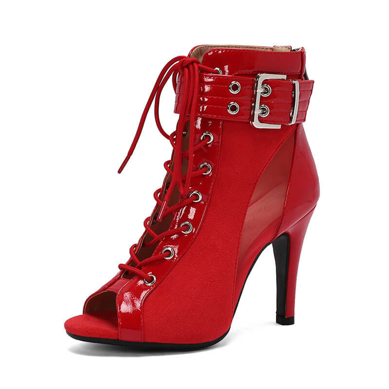 Red Patent Leather Wide Ankle Buckle Dance Boots for Women - Sexy Latin Salsa Tango Ballroom Performance Shoes - Perfect for Dance Competitions, Performances & Costume Parties