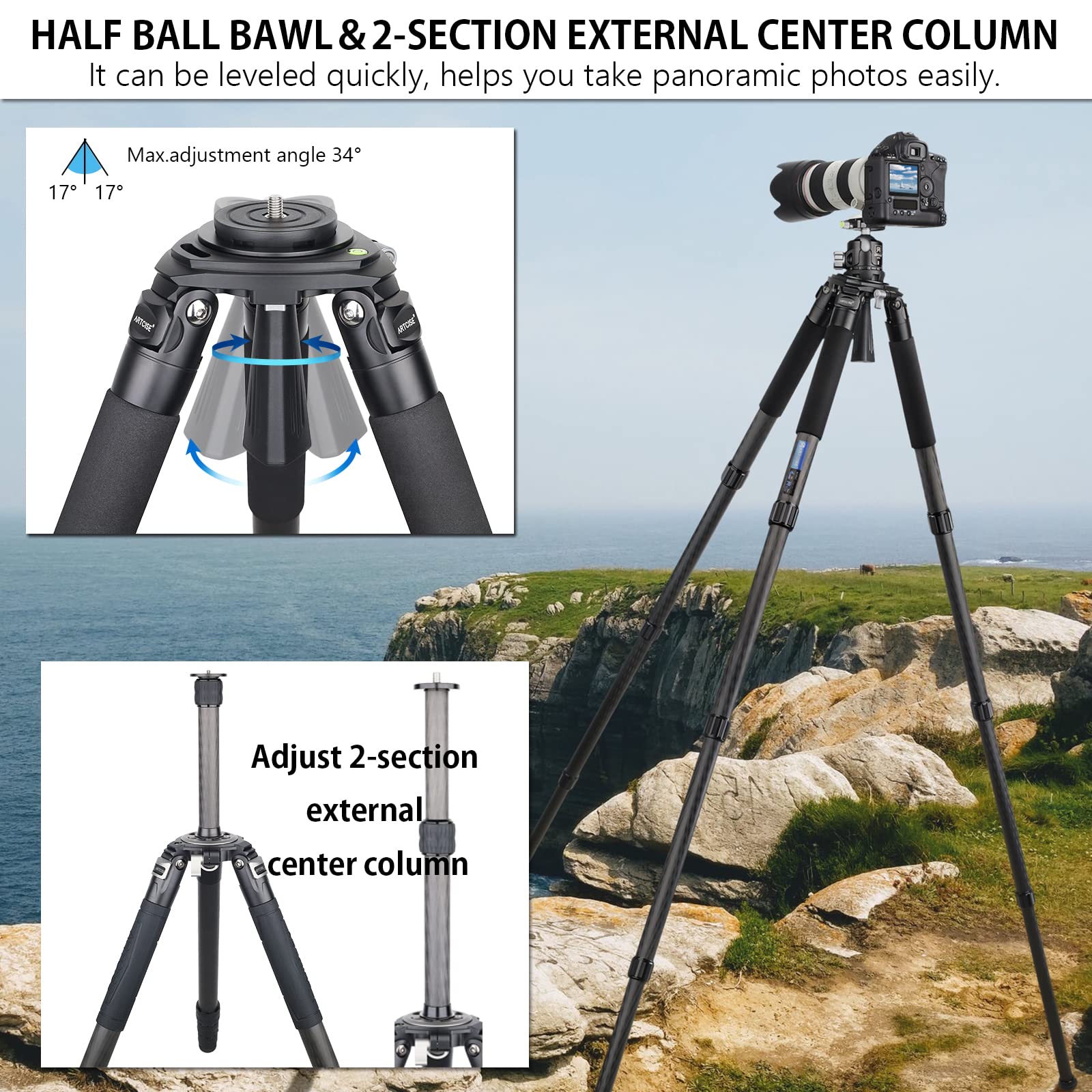 10-Layer 40mm Carbon Fiber Tripod with 2-Section External Center Column - Ultra Stable Professional Heavy Duty Carbon Bowl Tripod (Max Load 88 lbs/40 kg) for DSLR Cameras & Camcorders - Perfect for Outdoor Photography, Studio Shoots & Videography (90C Ultra Model)