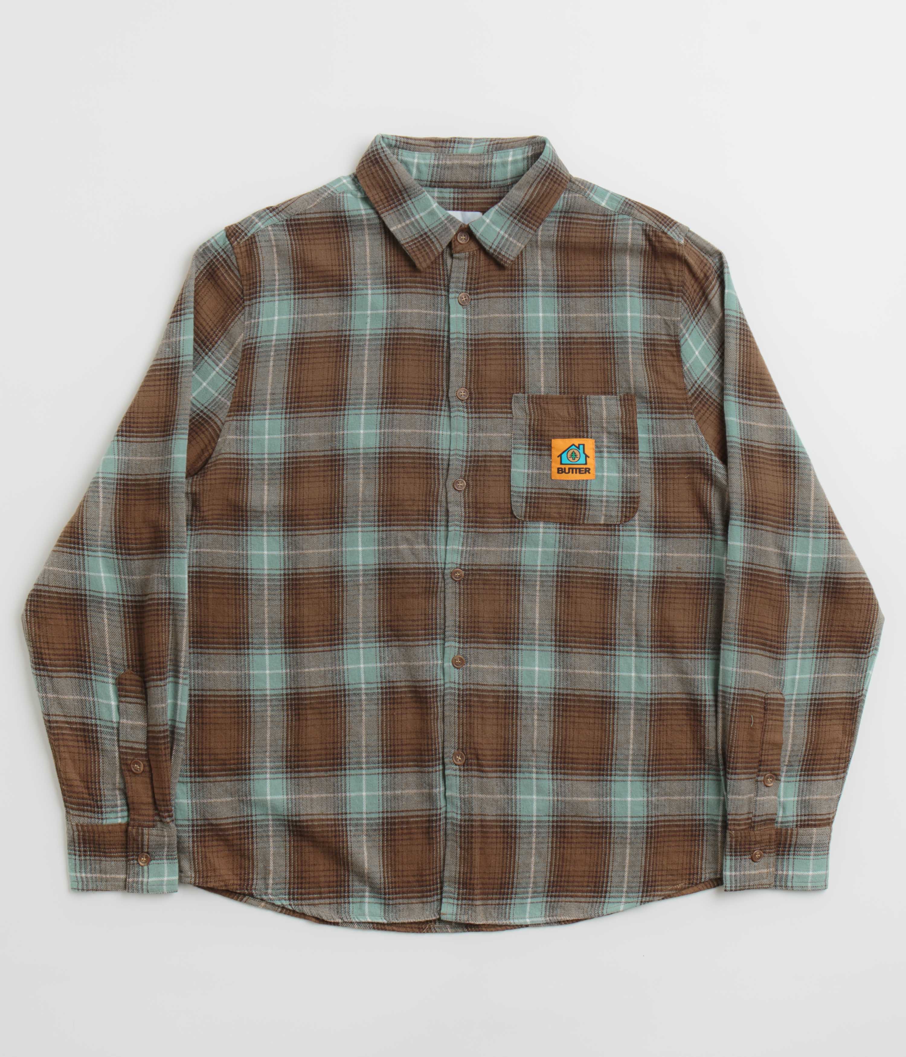 Butter Goods Plaid Shirt for Men - Soft Cotton Flannel Button Down Shirt in Brown & Teal Checkered Pattern - Perfect for Casual Wear, Outdoor Adventures and Layered Fall Fashion