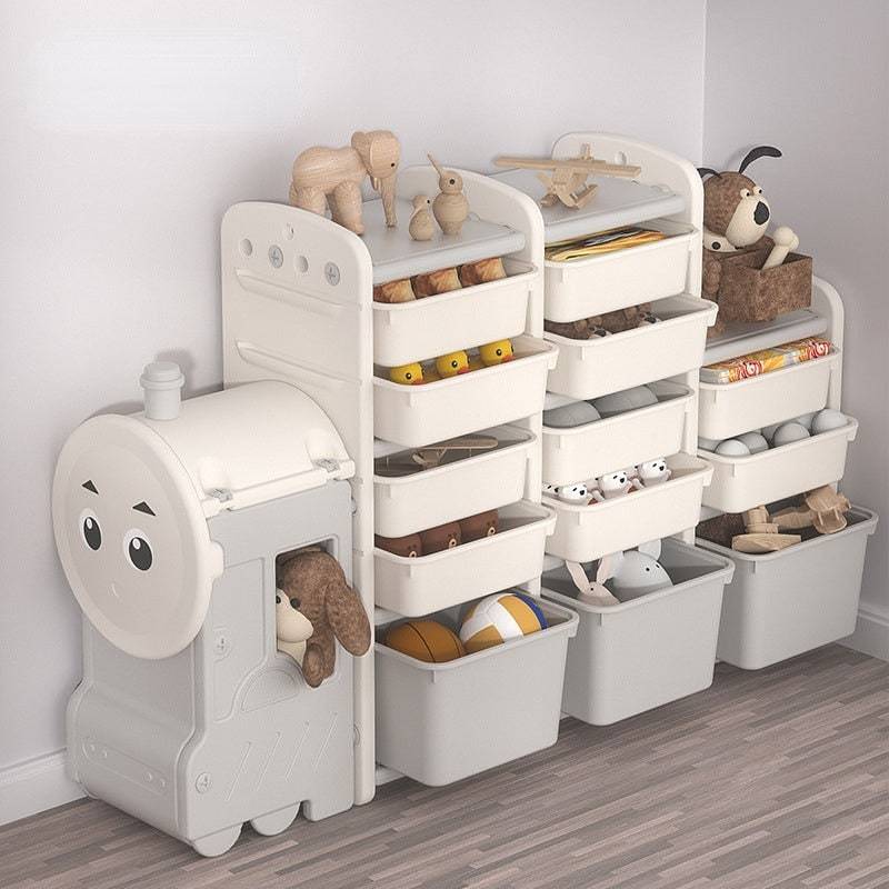 Kids Toy Storage Train Organizer - Efficient & Organized Toy Rack for Playroom, Nursery, or Daycare | Space-Saving Toy Storage Solution