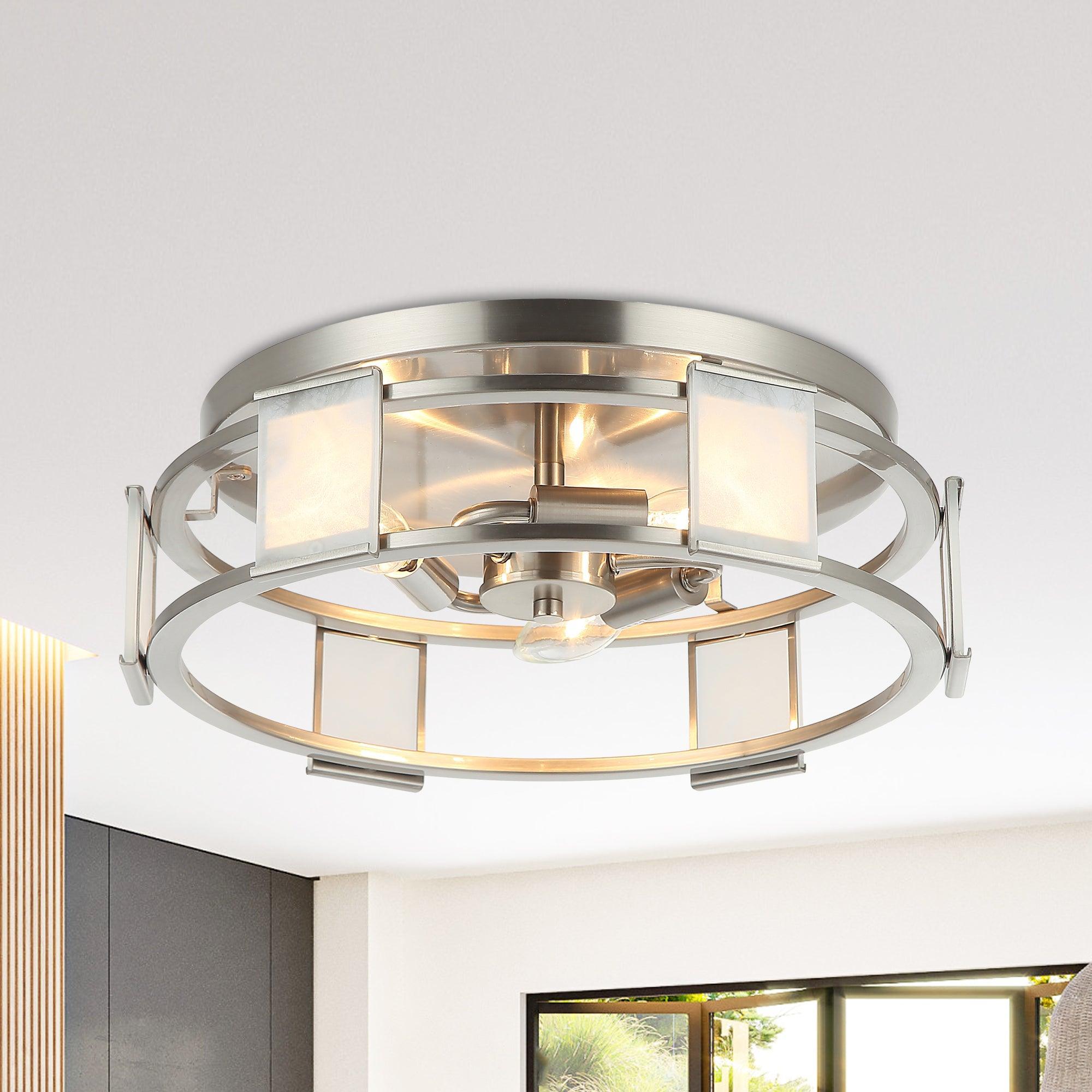 15 Inch Satin Nickel 3-Light Flush Mount Ceiling Fixture - Industrial Style Lighting for Kitchen, Bedroom, or Hallway