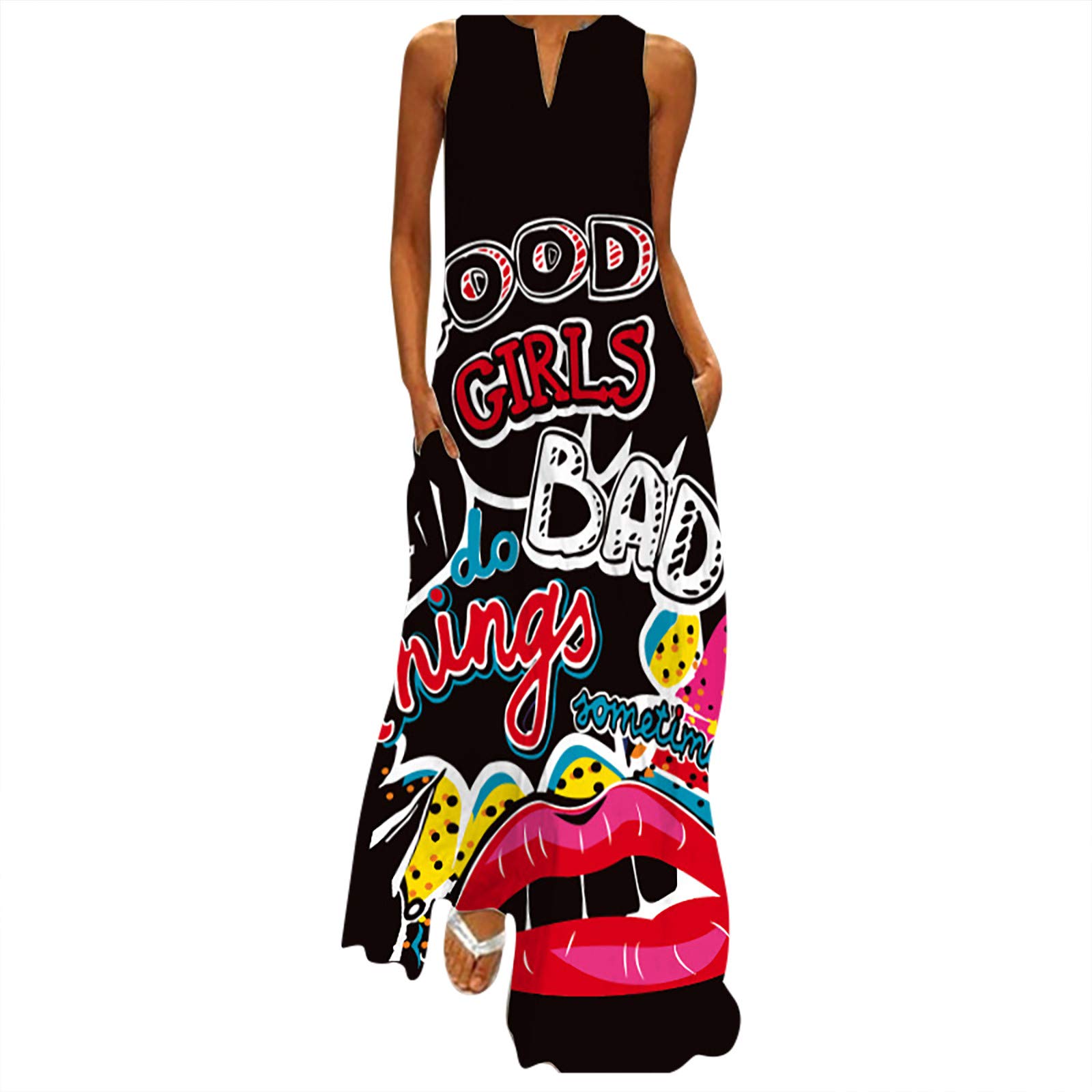 Women's Sleeveless Baggy Long Dress with V-Neck & Side Slit - Flowy Printed Kaftan Maxi Dress in Black | Perfect for Beach, Vacation & Summer Outfits
