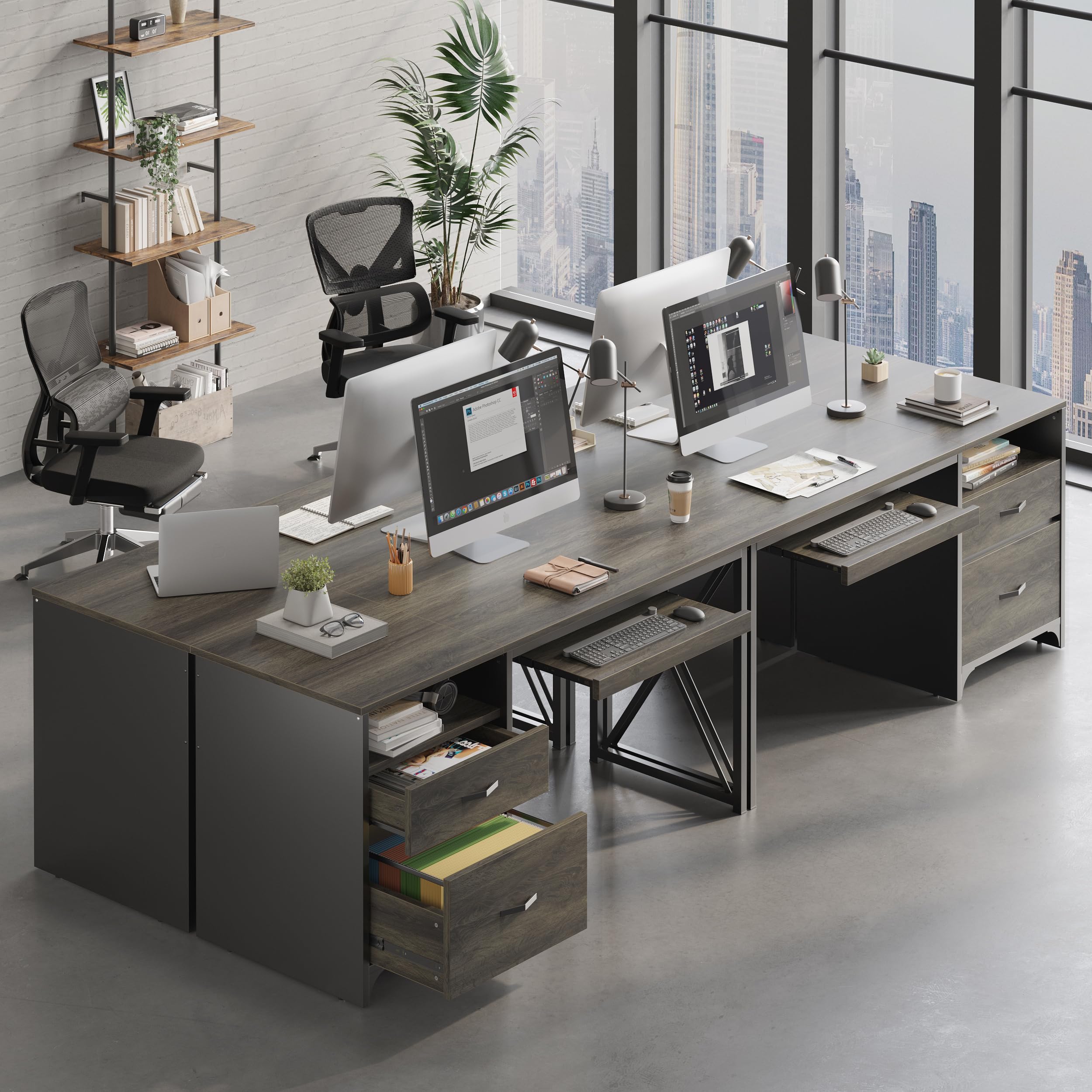 Bestier 55 Inch Industrial Office Desk with Drawers & Keyboard Tray - Wooden Computer Desk with Storage, File Drawer for Home Office - Dark Gray Oak - Perfect for Remote Work, Online Teaching & Small Space Workstations