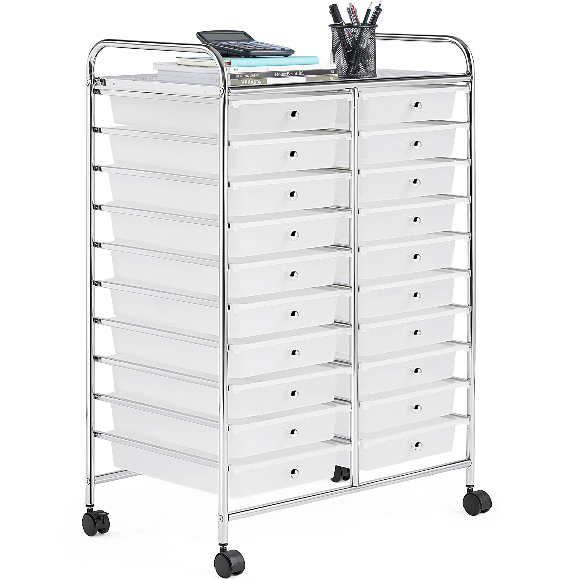 Yaheetech 20-Drawer Rolling Storage Cart - Multipurpose Mobile Organizer for Tools, Scrapbooking, Office Supplies & Crafts - White Rolling Utility Cart with Wheels for Home, Office & Classroom Organization