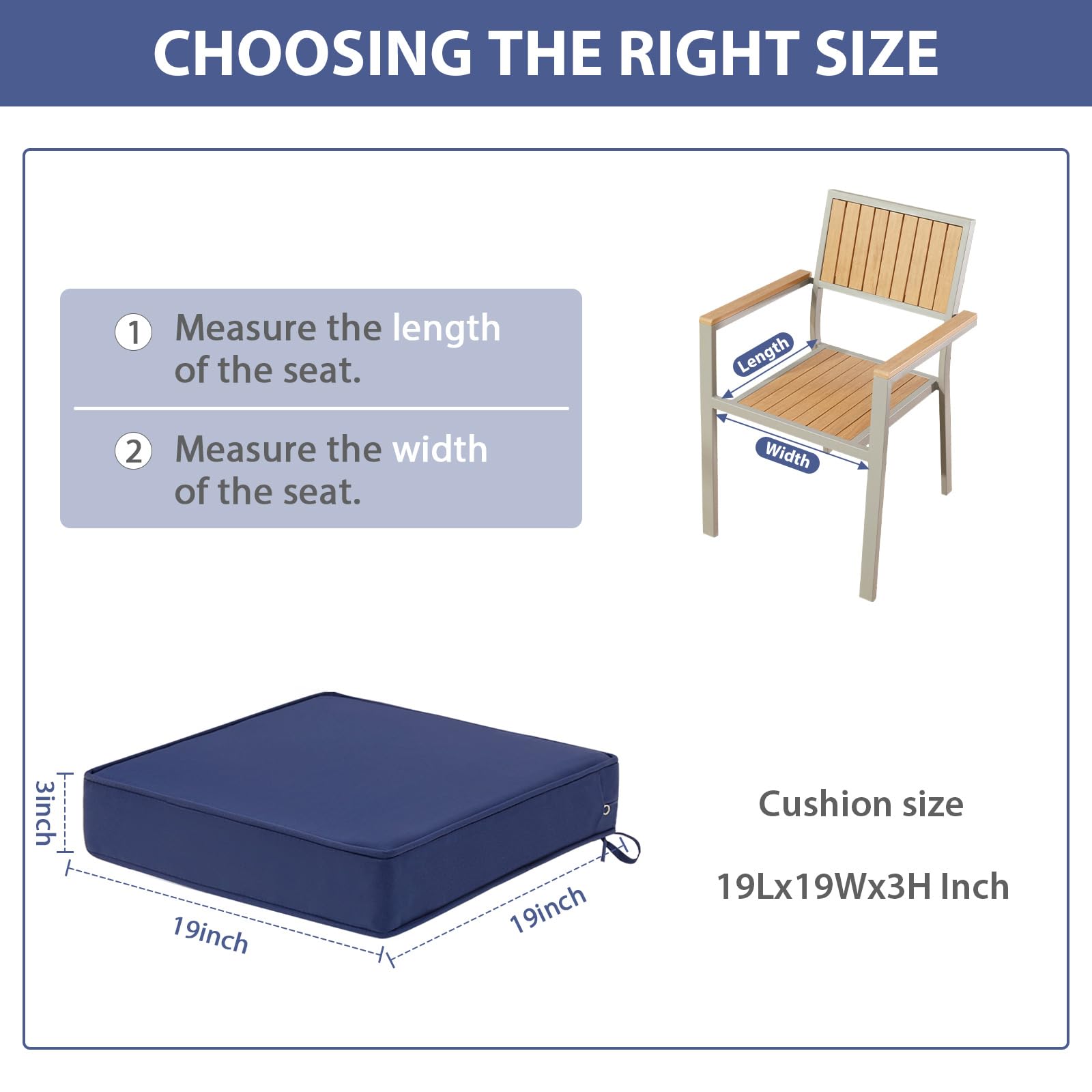 Waterproof Outdoor Chair Cushions Set of 2 - 19x19x3 Inch Blue Patio Seat Cushions - Durable Replacement Cushions for Garden, Poolside & Deck Furniture - Perfect for Lounging, Sunbathing & Outdoor Relaxation