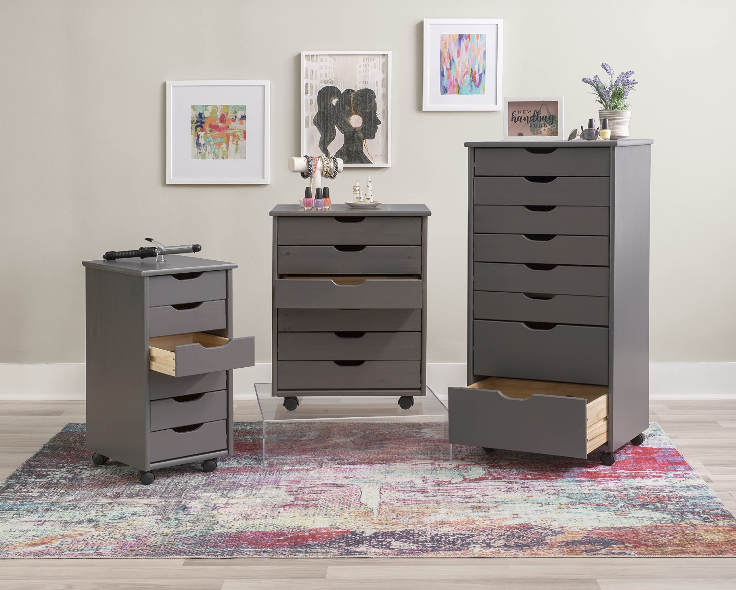 Linon Corinne 8-Drawer Rolling Storage Cart - Grey Organizer for Home, Office & Dorm | Space-Saving Mobile Cabinet for Bedroom, Bathroom & Kitchen Organization