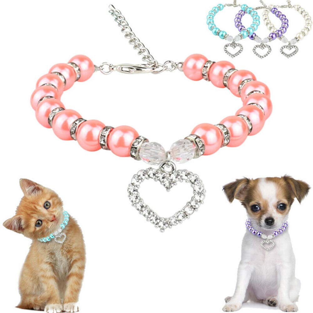 Luxury Crystal Heart Pet Necklace for Small Dogs & Cats - Bling Pearls Rhinestones Charm Collar for Chihuahua, Yorkie, Puppy | Red, Size M (10-12