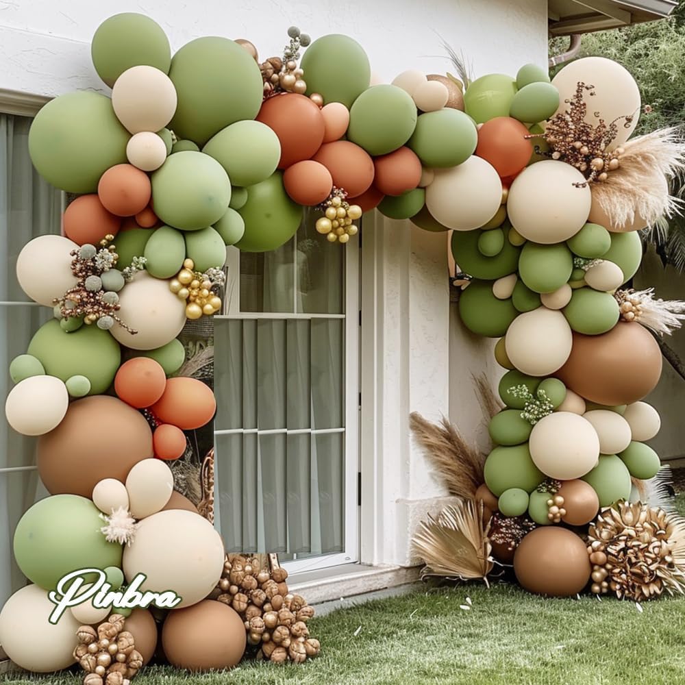 Olive Green & Brown Balloon Garland Kit - Woodland Baby Shower & Safari Jungle Wild One Birthday Party Decorations - Includes Coffee, White Sand, Sage Green, Beige & Gold Metallic Latex Balloons for Boho, Rustic & Nature-Themed Events
