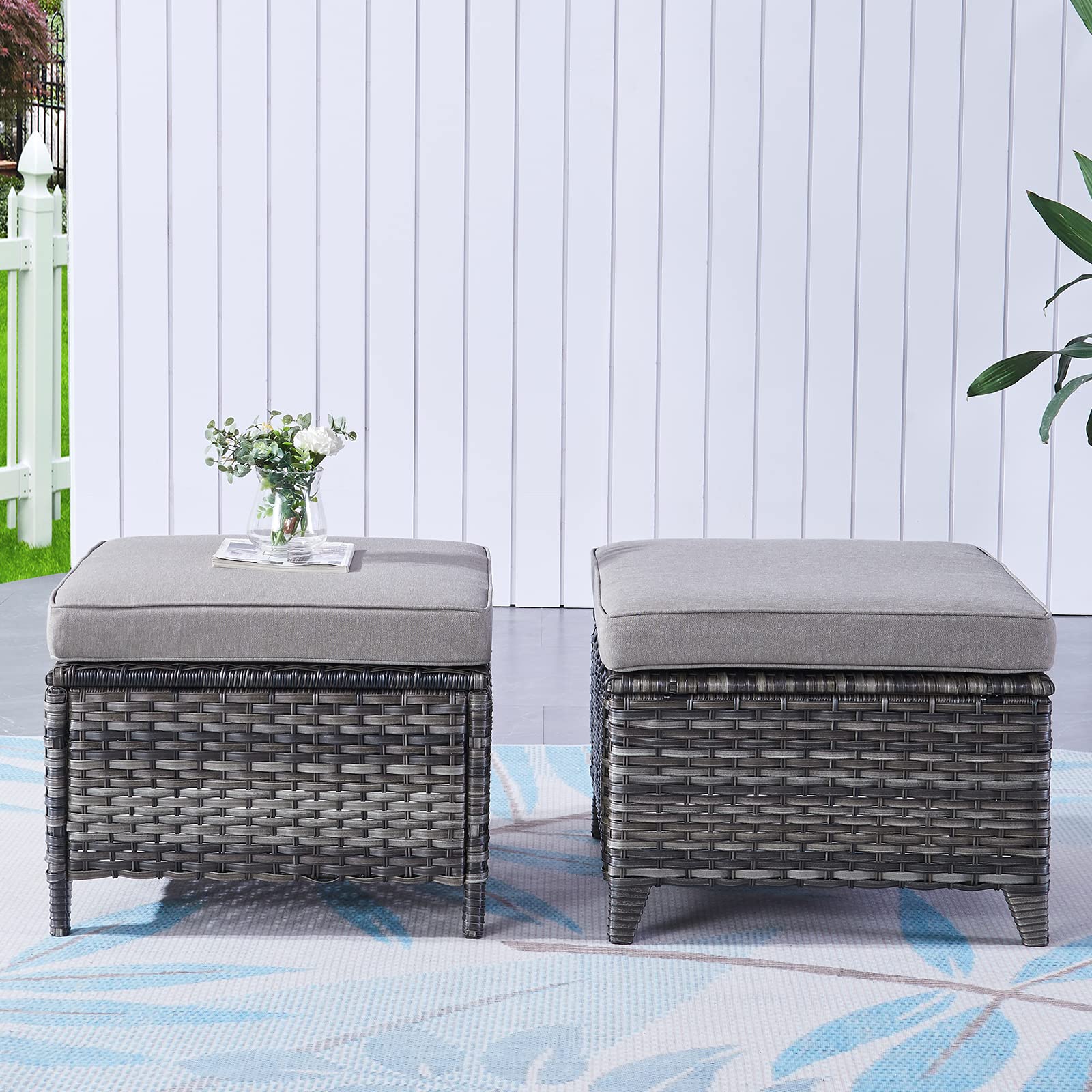2-Piece Outdoor Wicker Ottoman Set with Thick Cushions - Rattan Patio Footrest & Footstool in Mixed Grey - Perfect for Garden, Poolside & Backyard Relaxation