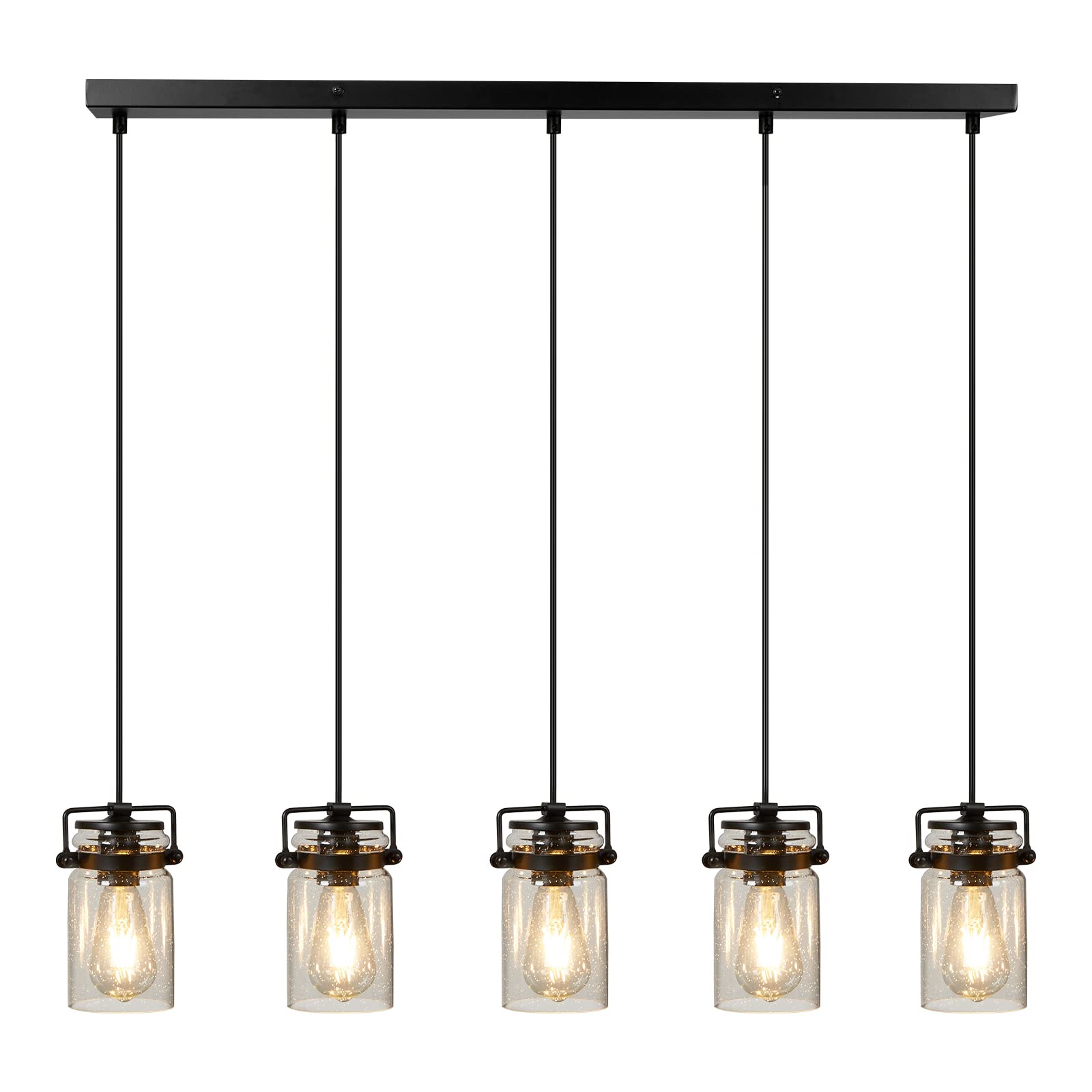 5-Light Black Linear Chandelier for Kitchen Island & Dining Room - Farmhouse Style Pendant Lighting with Glass Shades | Perfect for Modern Farmhouse, Rustic, and Industrial Home Decor