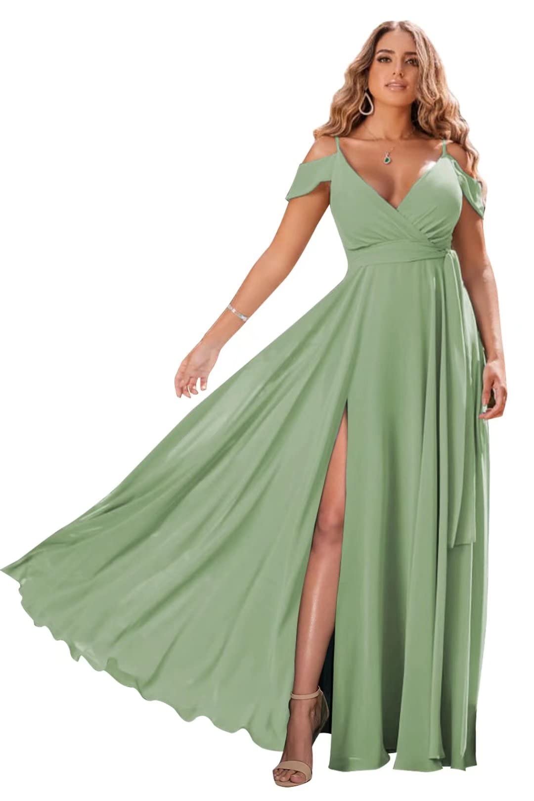 Plus Size Wedding Bridesmaid Dresses 2023 - Sage Green Long Off-The-Shoulder Chiffon V-Neck Pleated Formal Evening Gown for Women | CO18-16W | Perfect for Weddings, Proms & Special Occasions