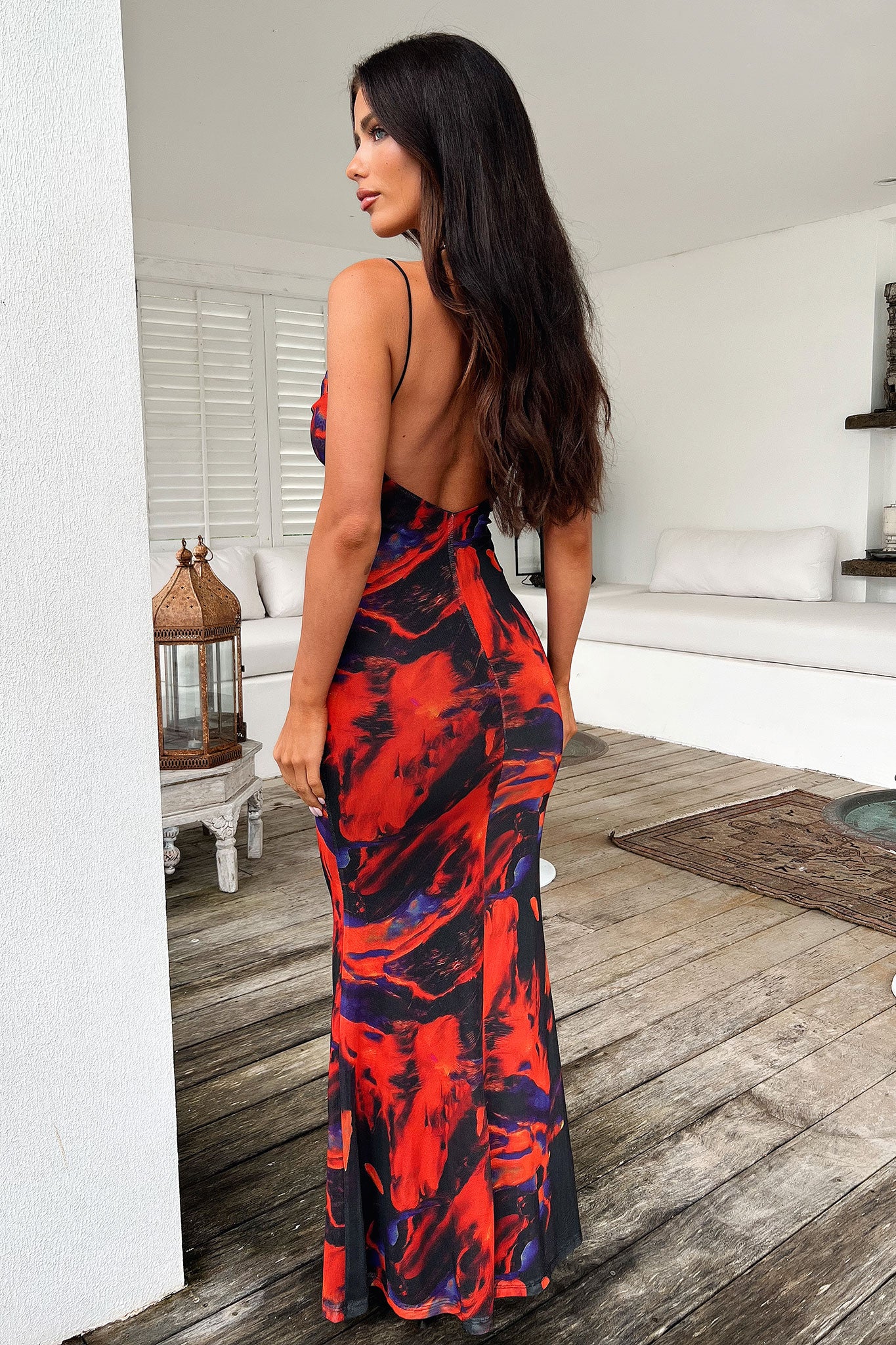 Barb Mesh Maxi Dress - Black & Red | Sexy Long Sleeve Evening Gown for Women | Perfect for Parties, Date Nights & Special Occasions