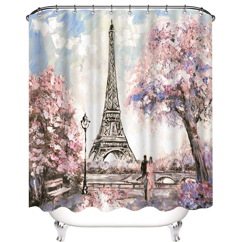 Paris Shower Curtain - Sakura Blossom Landscape Pink Romantic Waterproof Fabric Bathroom Decor with 12 Hooks (72x72 Inches) for Elegant Bathroom & Spa Style Upgrade